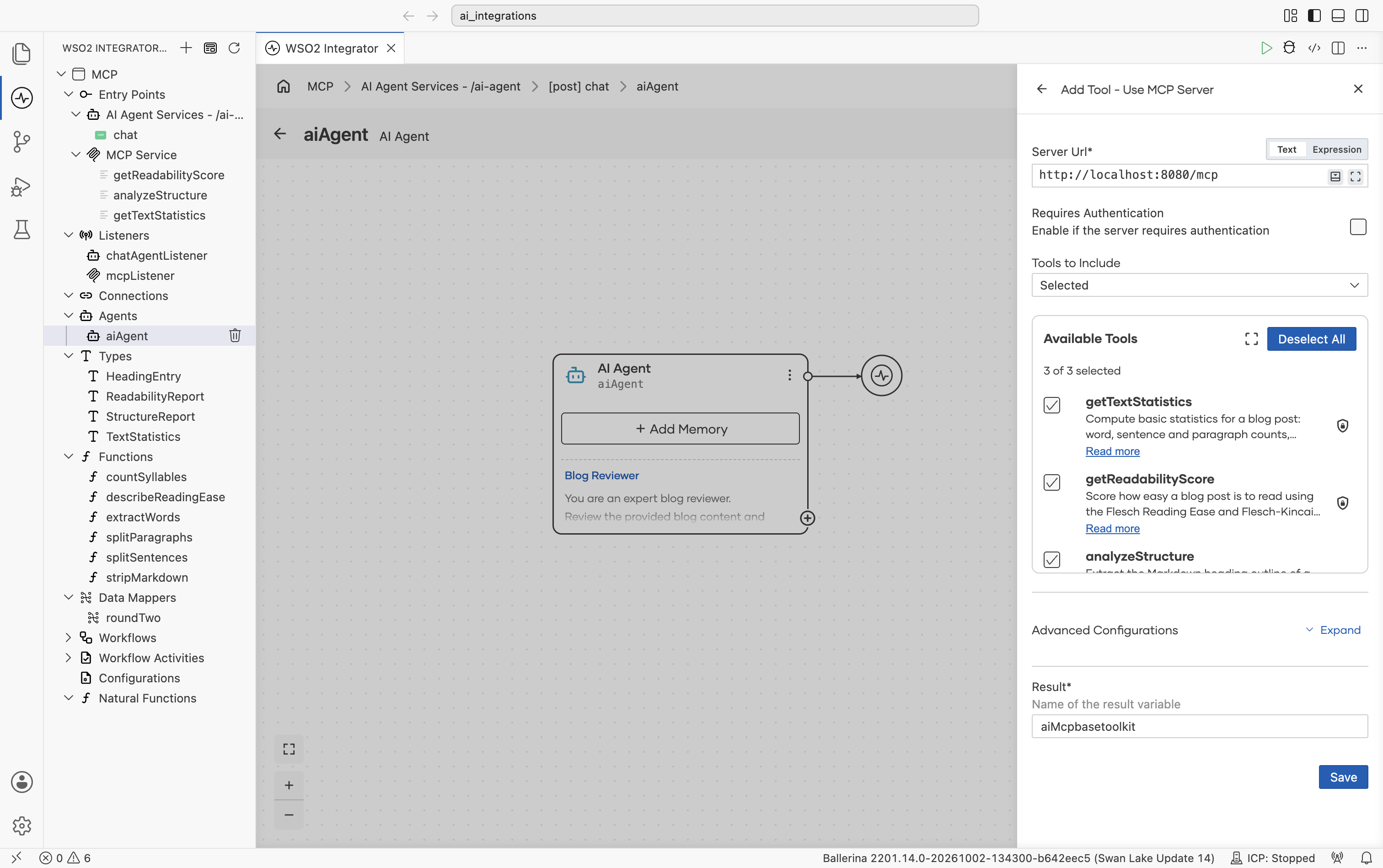 The Add Tool - Use MCP Server panel showing Server URL (http://localhost:8080/mcp), a Requires Authentication checkbox, Tools to Include set to Selected, and the Available Tools list (3 of 3 selected: getTextStatistics, getReadabilityScore, analyzeStructure, each with a Read more link), a collapsed Advanced Configurations section, and Result (default aiMcpbasetoolkit).