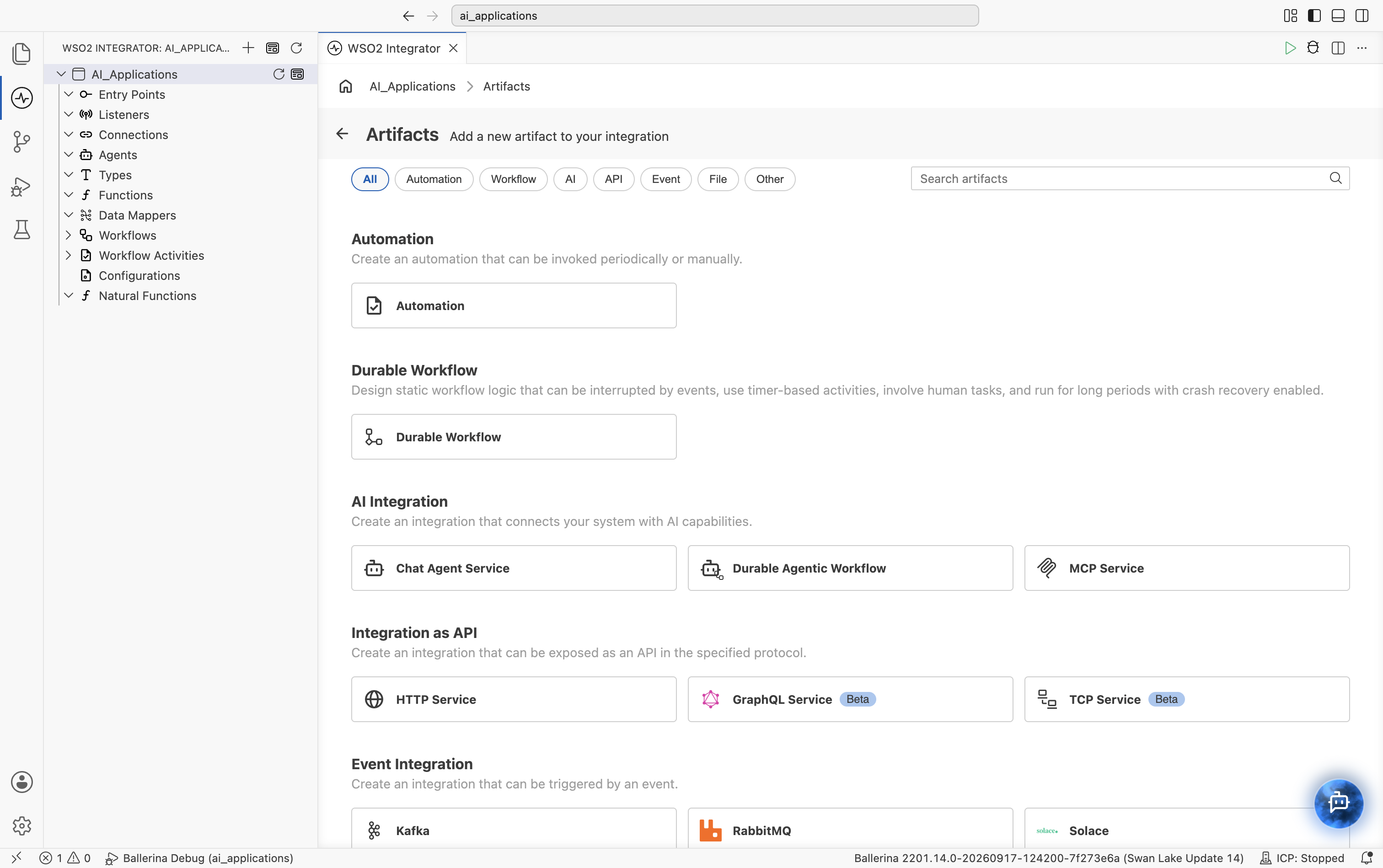 Artifacts page in WSO2 Integrator showing all artifact categories: Automation, AI Integration (AI Chat Agent, MCP Service), Integration as API (HTTP Service, GraphQL Service Beta, TCP Service Beta), Event Integration (Kafka, RabbitMQ, MQTT, Azure Service Bus, Salesforce, Twilio, GitHub, Solace, CDC for Microsoft SQL Server, CDC for PostgreSQL).