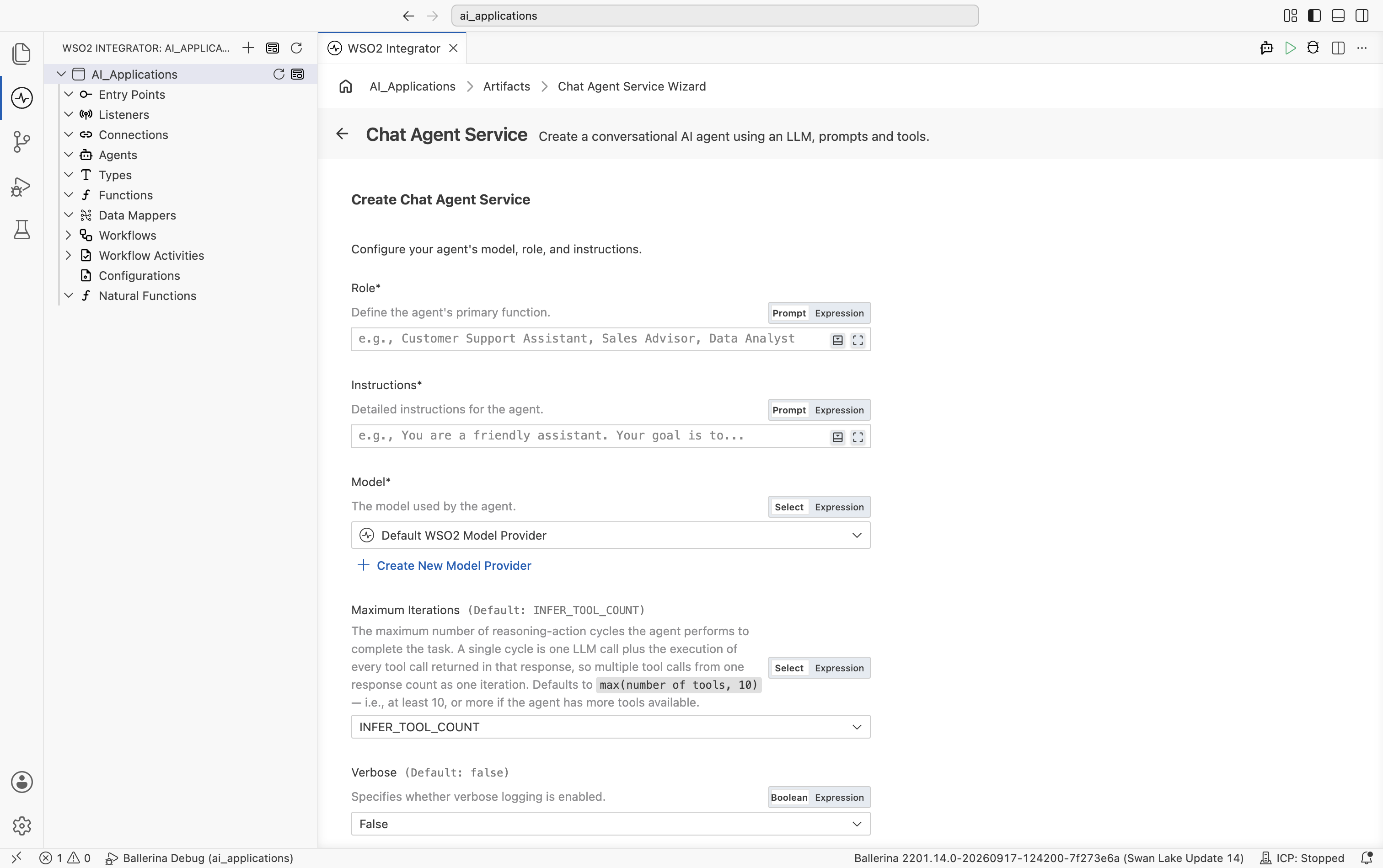 The empty Create Chat Agent Service form with Role, Instructions, Model, and Maximum Iterations fields.