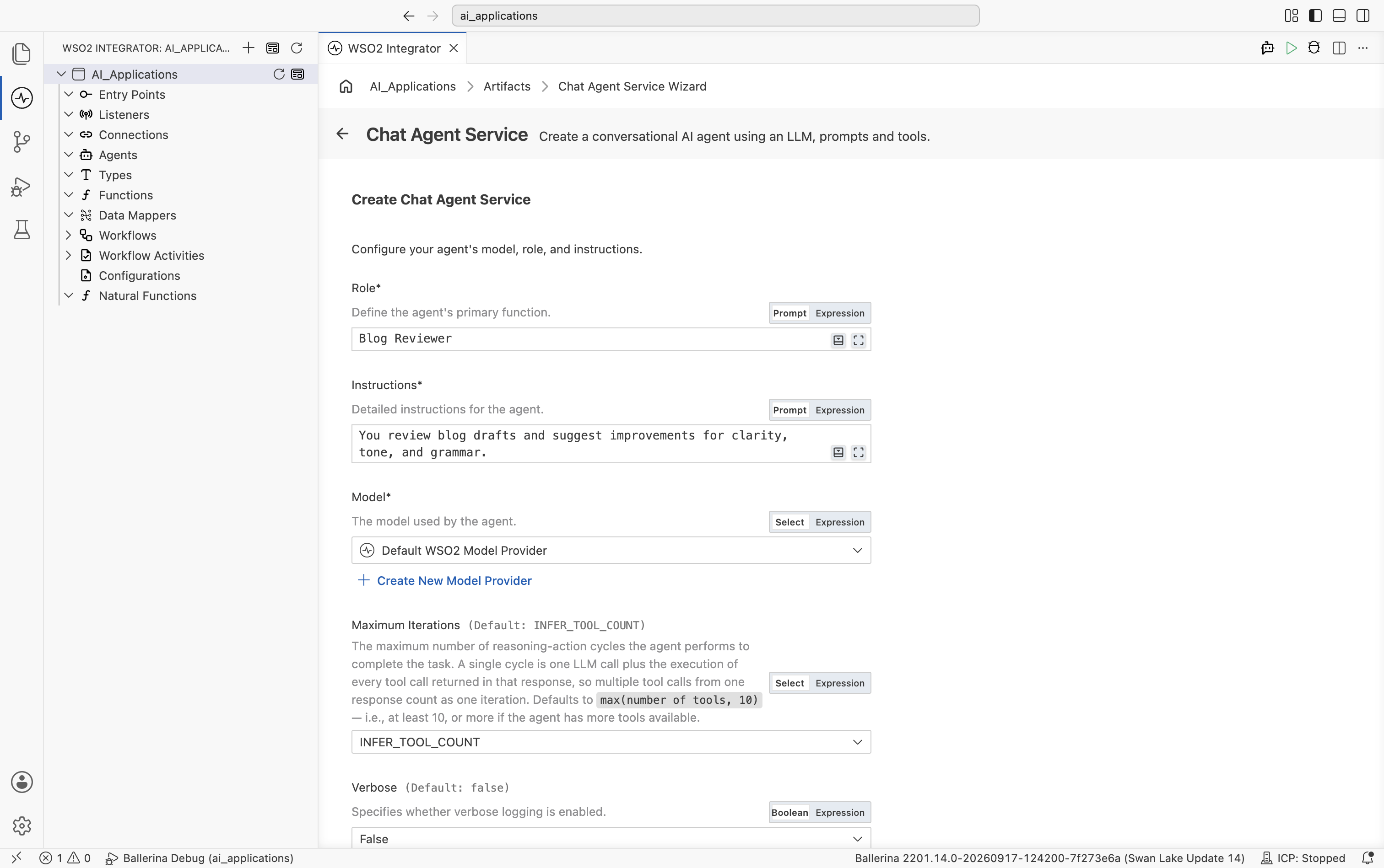 The Create Chat Agent Service form filled in with Role set to Blog Reviewer, Instructions filled in, and Model set to Default WSO2 Model Provider.
