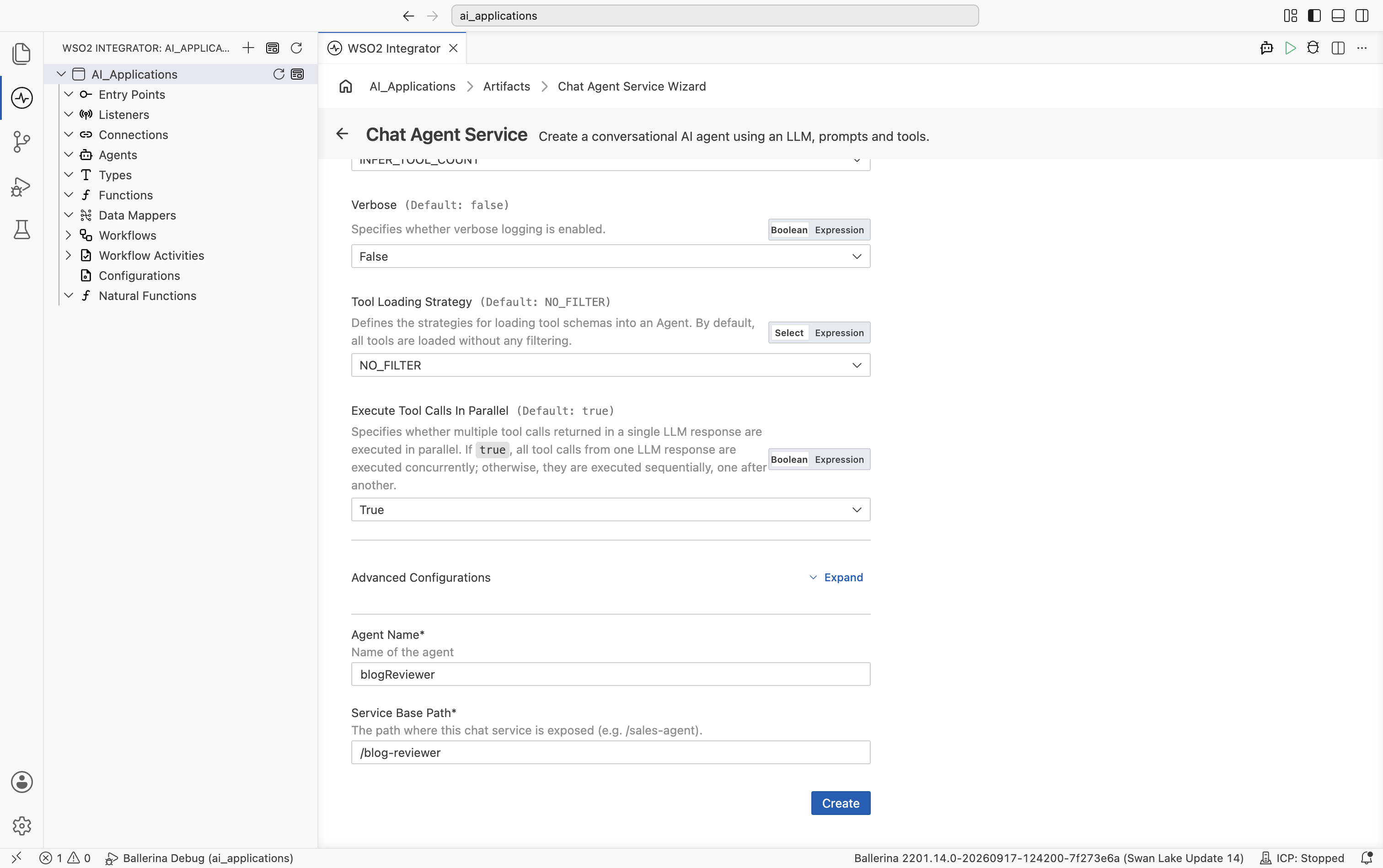 The bottom of the Create Chat Agent Service form with Agent Name set to blogReviewer and Service Base Path set to /blog-reviewer.