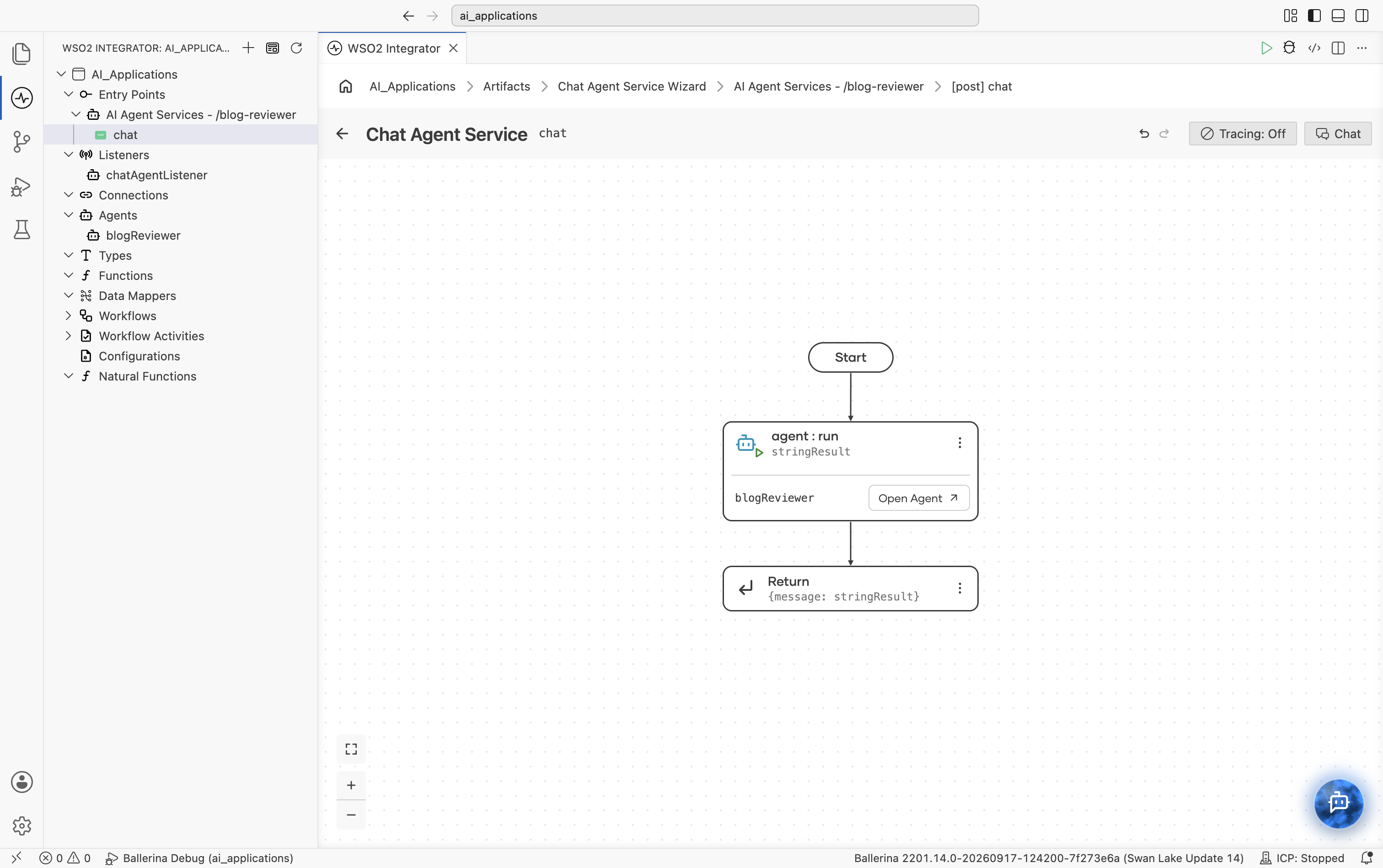 The chat resource flow showing Start, an agent:run node bound to stringResult with an Open Agent link to blogReviewer, then Return.
