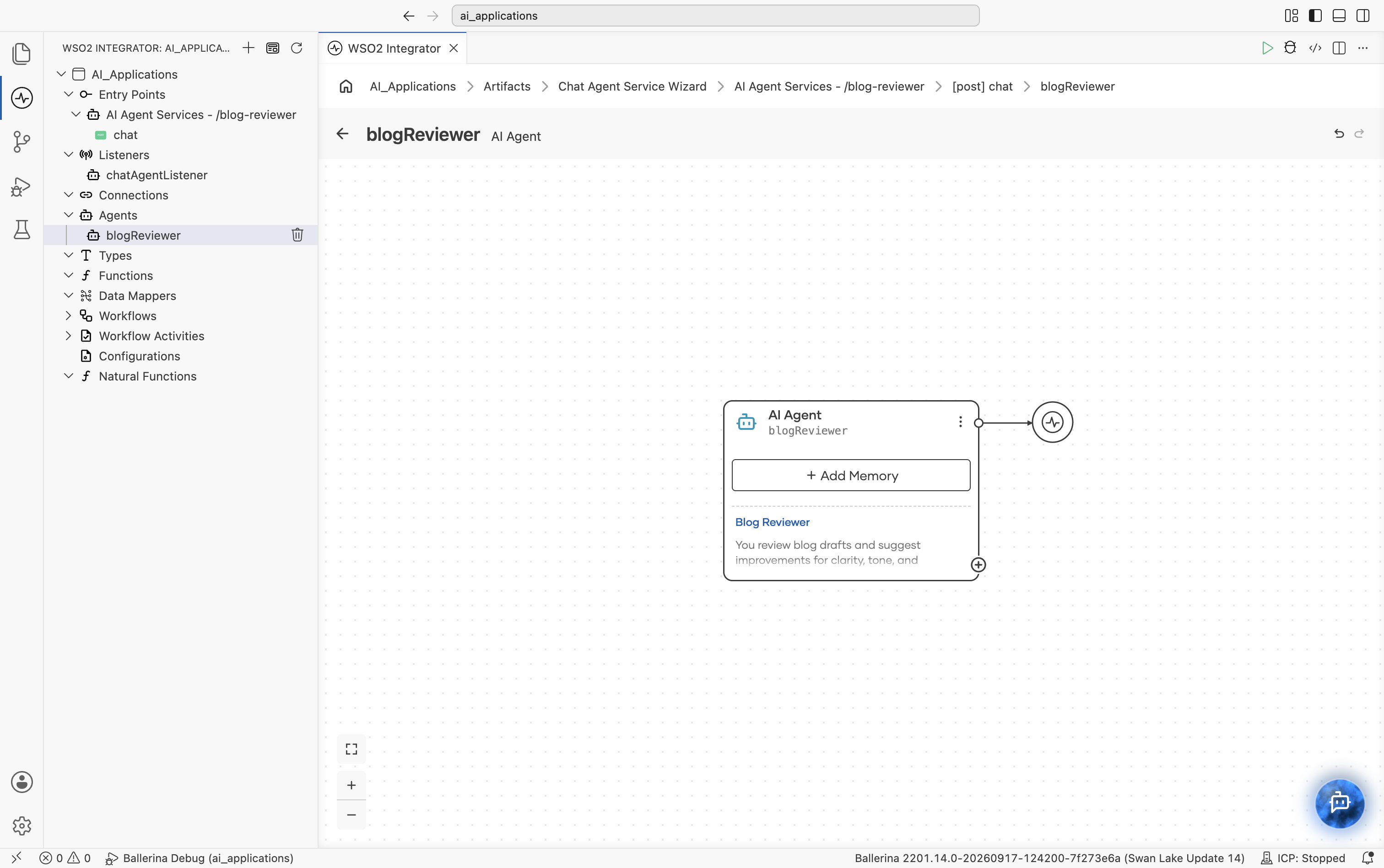 The AI Agent canvas showing the AI Agent node with its name, an Add Memory button, a role and instructions preview, and a connection to the model provider.