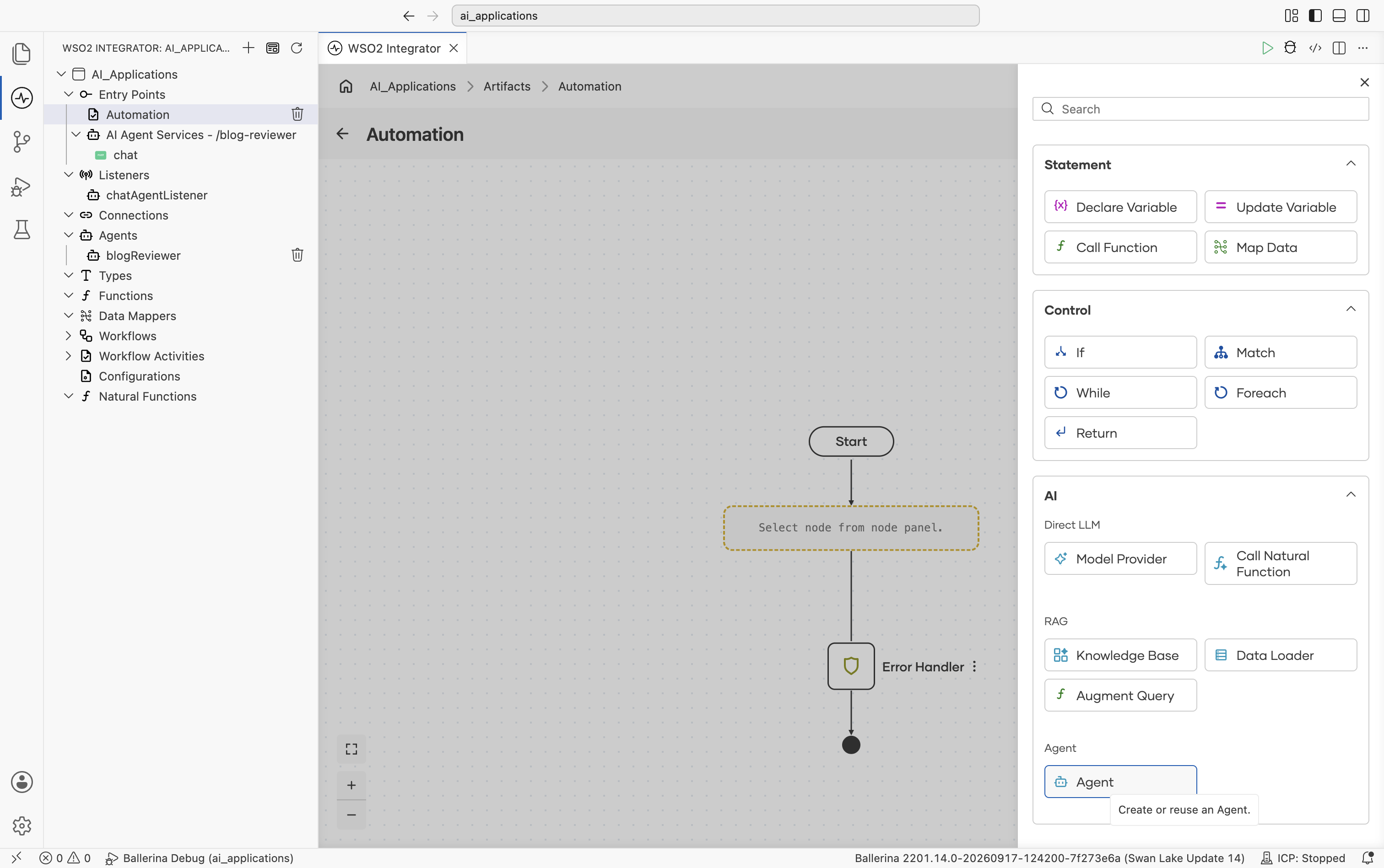 The Add Node panel's AI section with the Agent option selected and its Create or reuse an Agent tooltip shown.