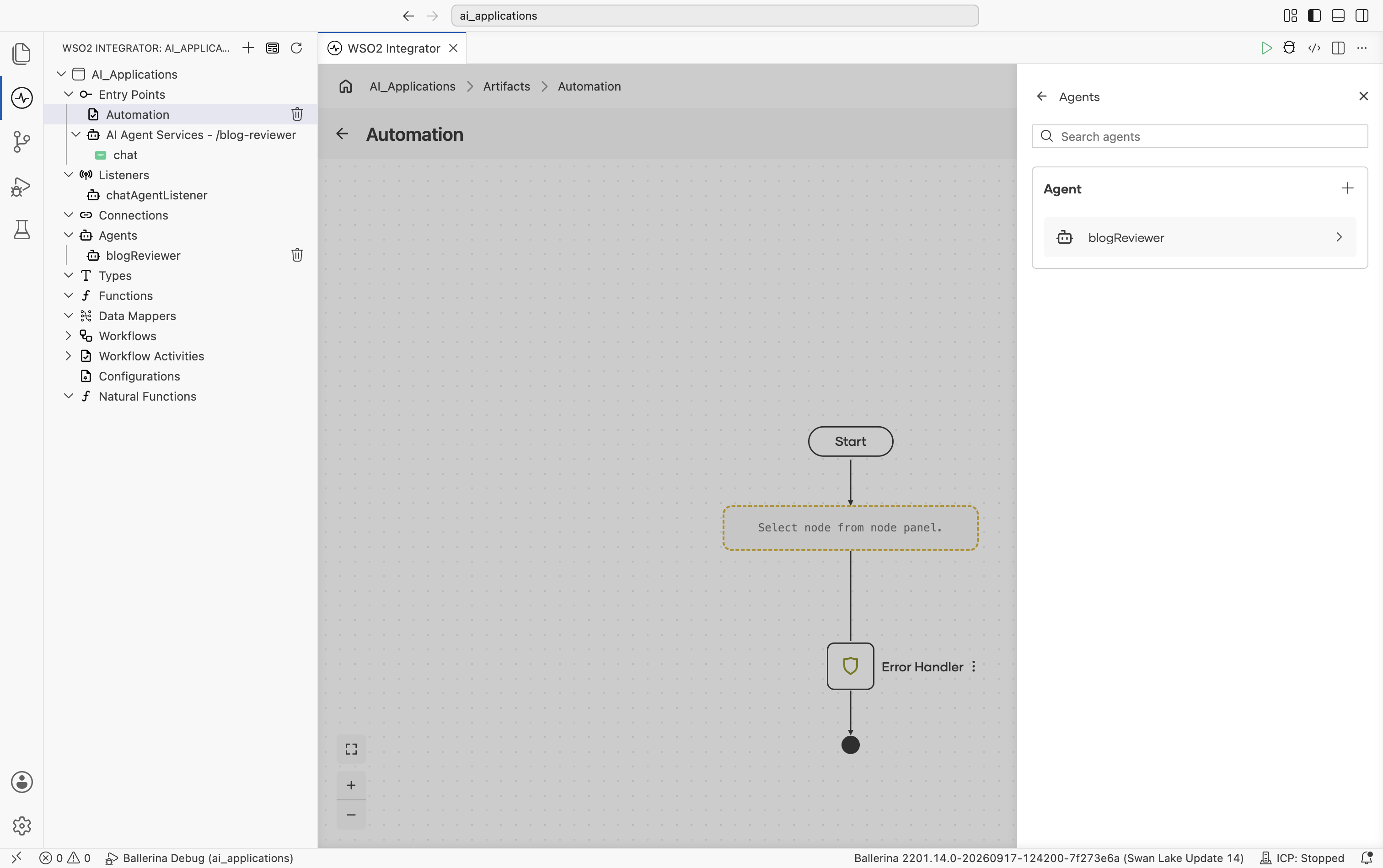 The Agents panel listing the existing blogReviewer agent as a reusable option, with a + button to add a new agent.