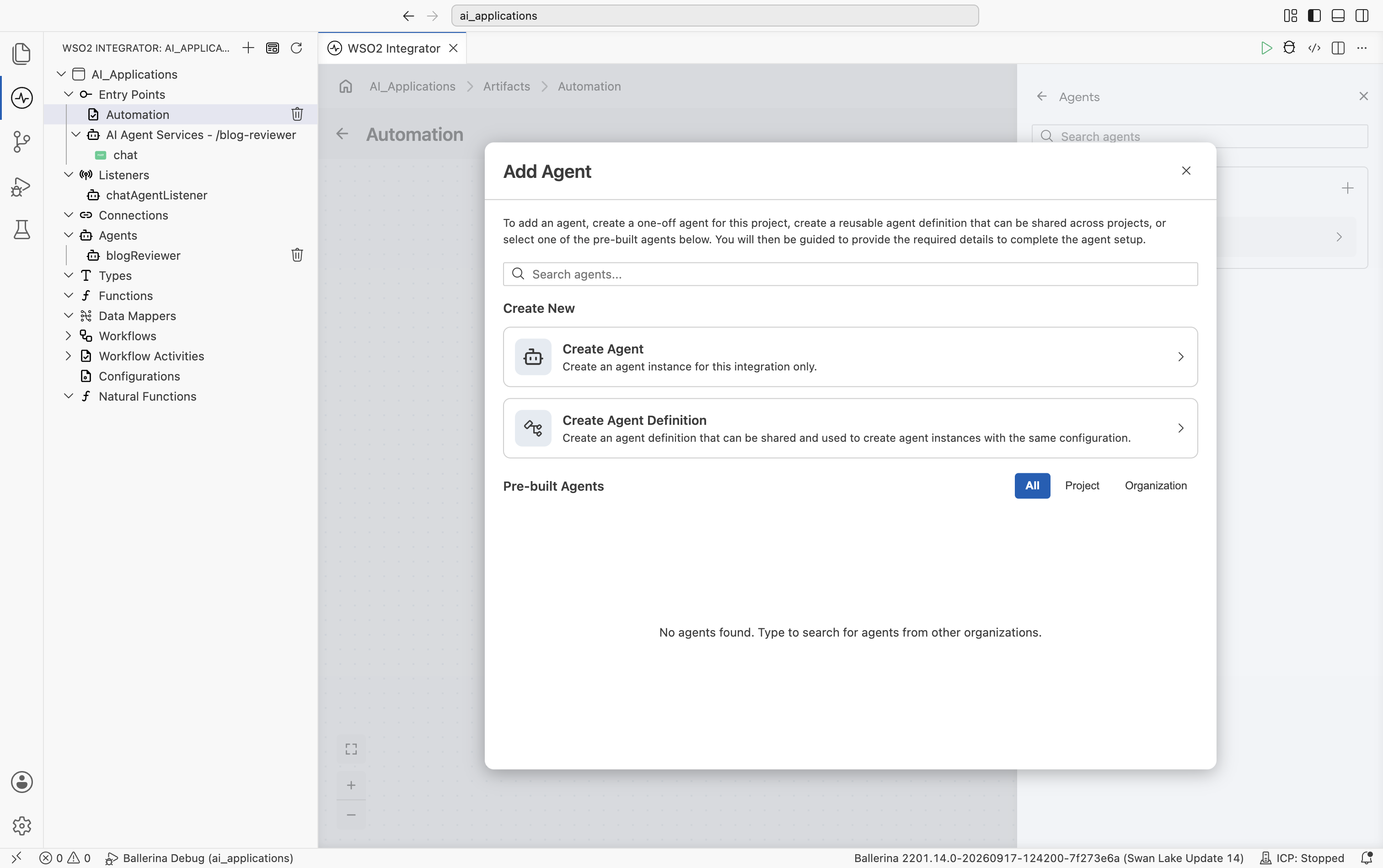 The Add Agent dialog with Create Agent, Create Agent Definition, and an empty Pre-built Agents section.