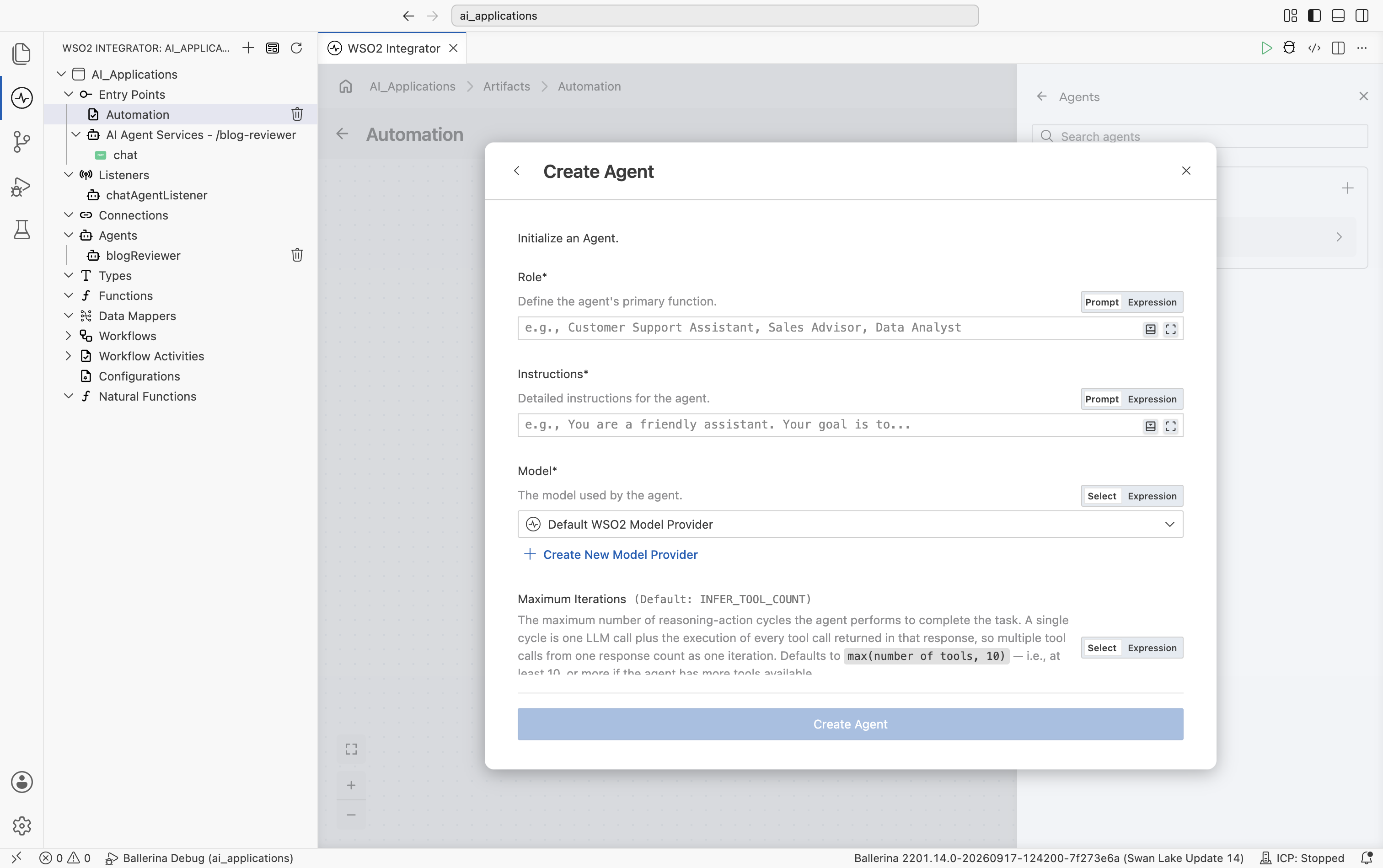 The empty Create Agent form with Role, Instructions, Model, and Maximum Iterations fields.