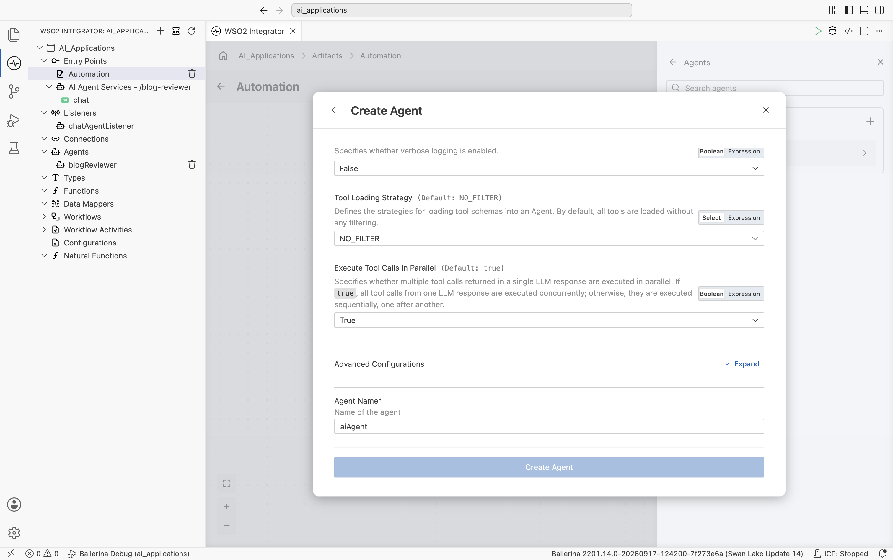 The Create Agent form scrolled down to Verbose, Tool Loading Strategy, Execute Tool Calls In Parallel, and the Agent Name field.
