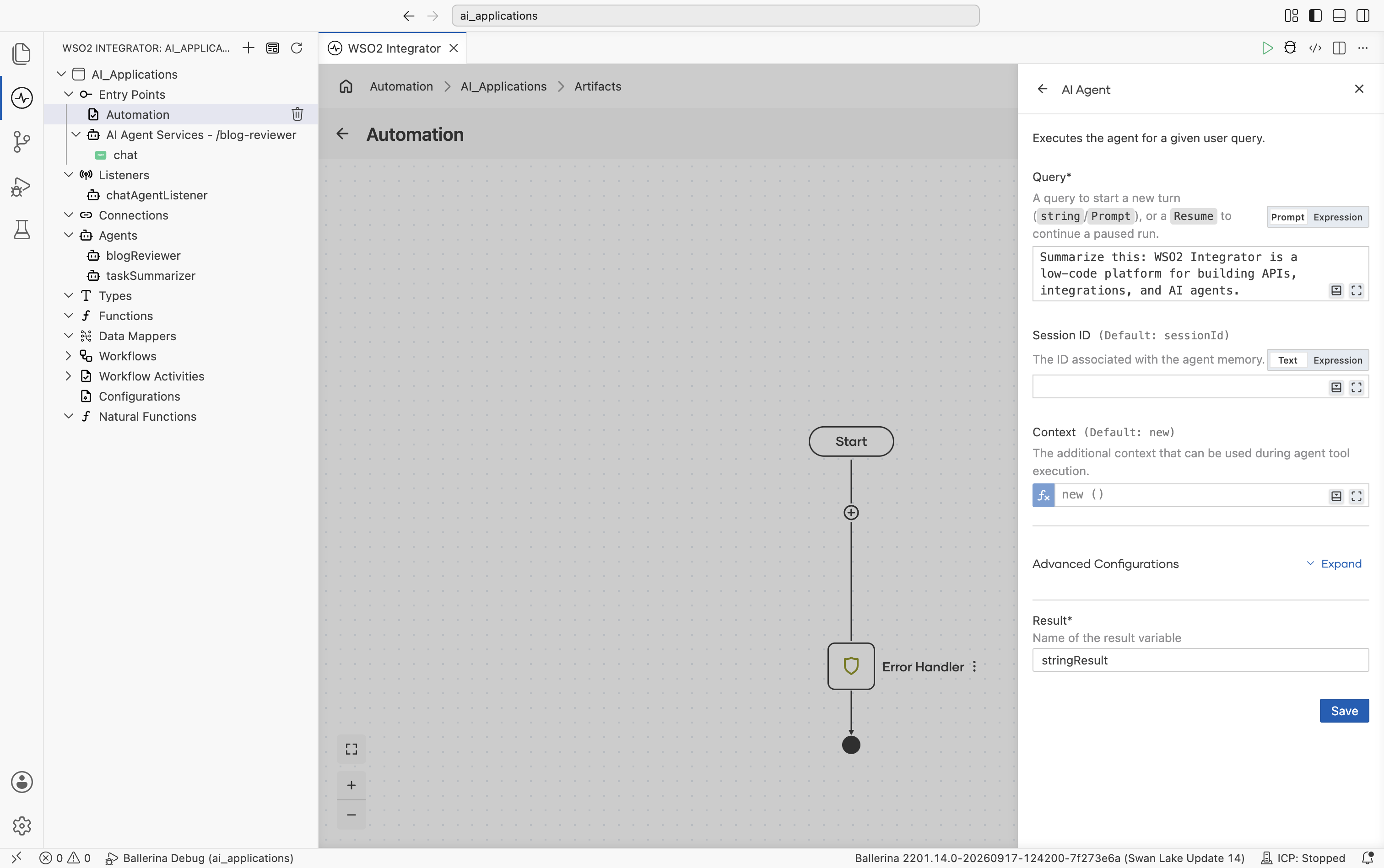 The AI Agent node panel with Query set to a literal prompt string and Result set to stringResult.