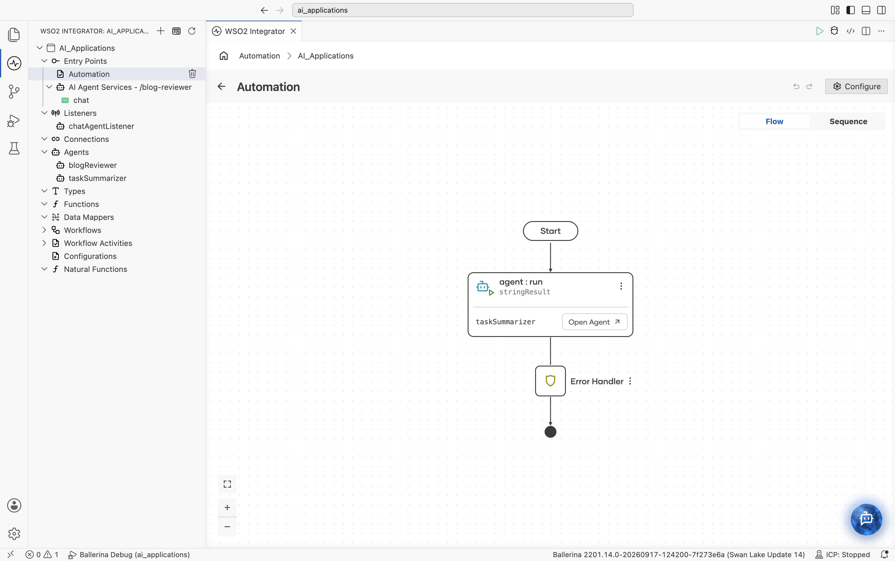 Flow editor showing the agent:run node bound to stringResult with an Open Agent link to taskSummarizer, between Start and Error Handler.
