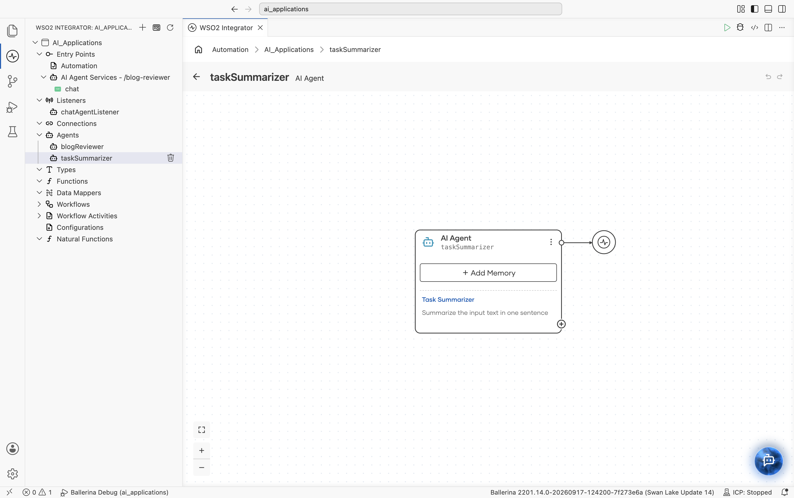 The taskSummarizer AI Agent canvas showing its name, an Add Memory button, and a role and instructions preview.