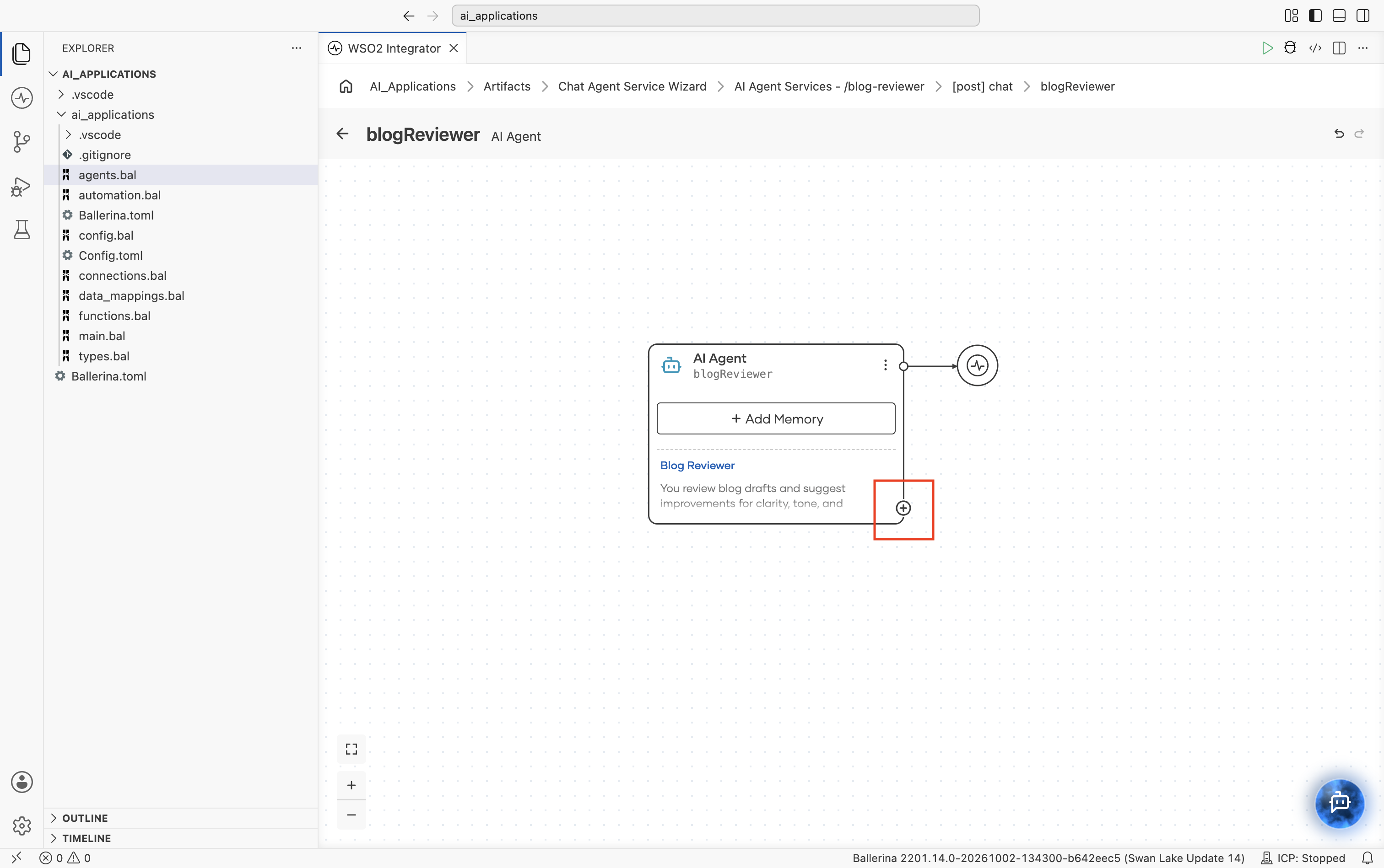The + button on the AI Agent node in the agent canvas, used to open the Add Tool panel.