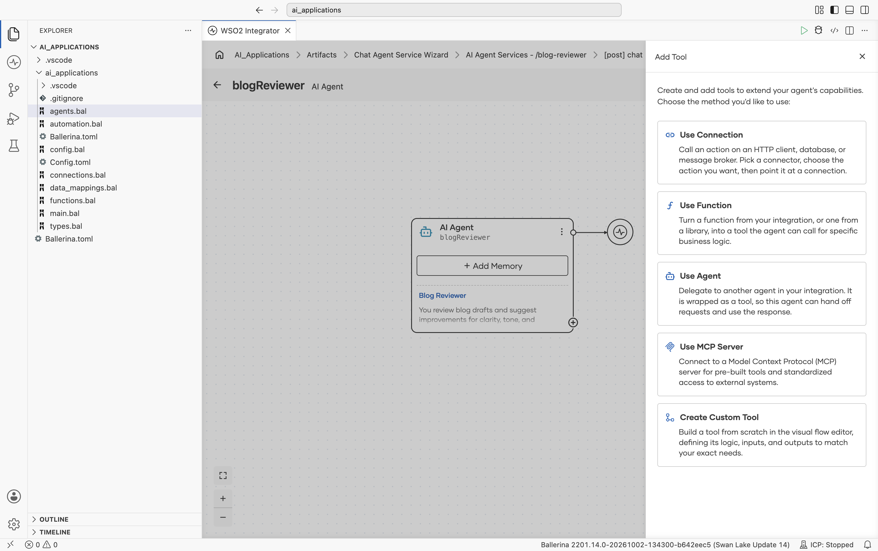 The Add Tool panel listing Use Connection, Use Function, Use Agent, Use MCP Server, and Create Custom Tool, each with a one-line description.