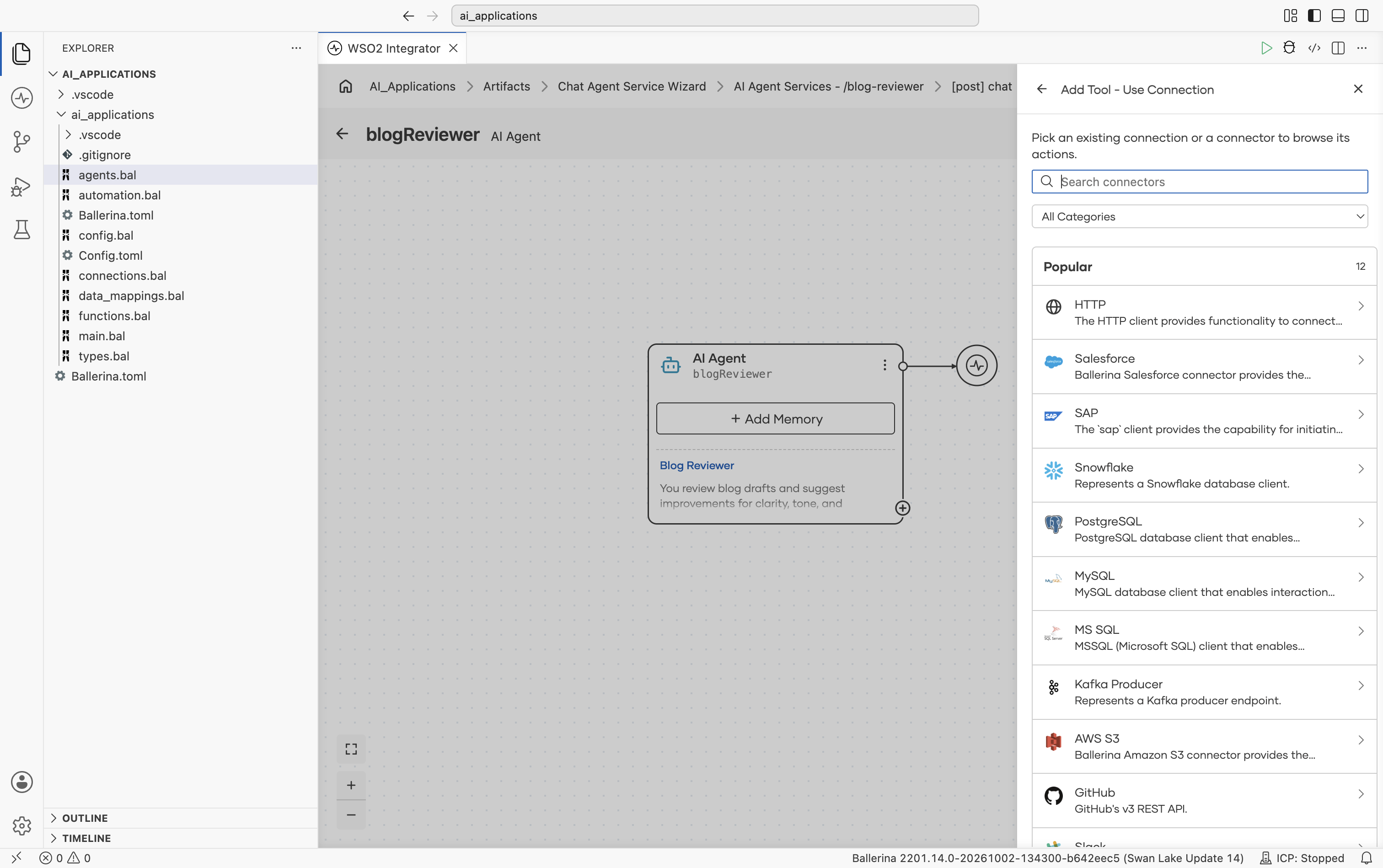 The Add Tool - Use Connection panel with a Search connectors box, an All Categories dropdown, and a Popular category (12) listing HTTP, Salesforce, SAP, Snowflake, PostgreSQL, MySQL, MS SQL, Kafka Producer, AWS S3, GitHub, Slack, and Google Sheets.