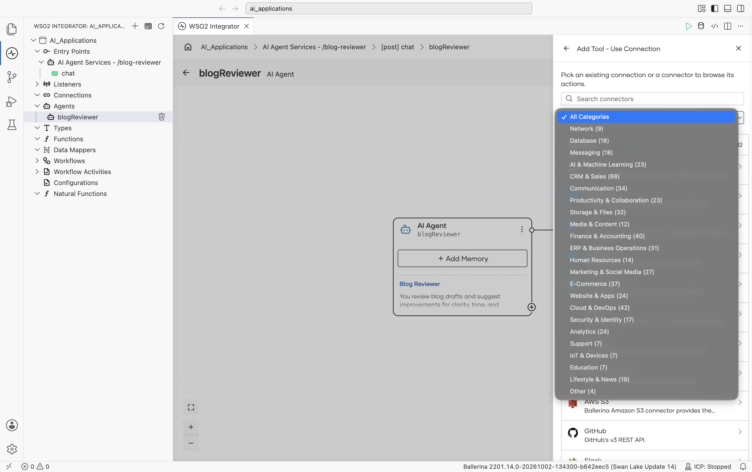 The Add Tool - Use Connection panel filtered to the Network category (9), listing HTTP, GraphQL, WebSocket, MCP Streamable HTTP, FTP, TCP, UDP, SOAP 1.1, and SOAP 1.2.