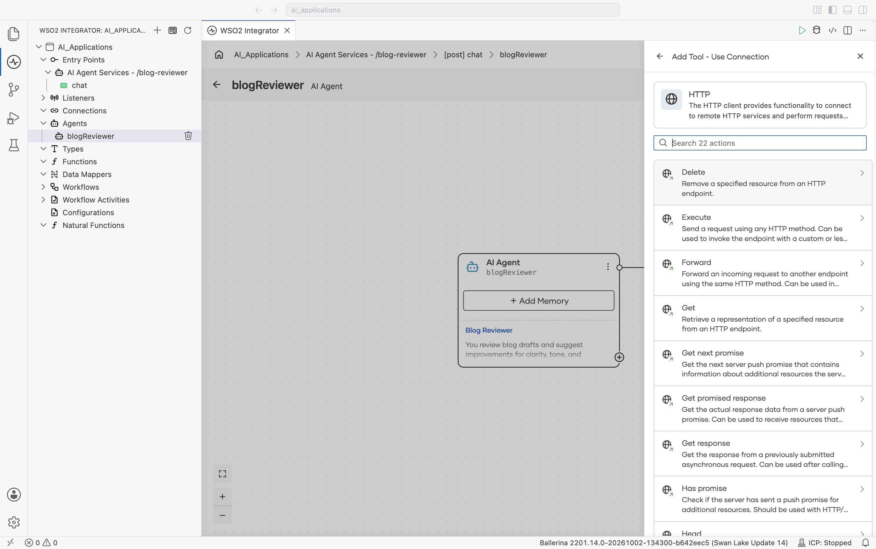 The Add Tool - Use Connection panel showing the HTTP connector's operations, with a Search 22 actions box and a list including Delete, Execute, Forward, Get, Get next promise, Get promised response, Get response, and Has promise, each with a short description.