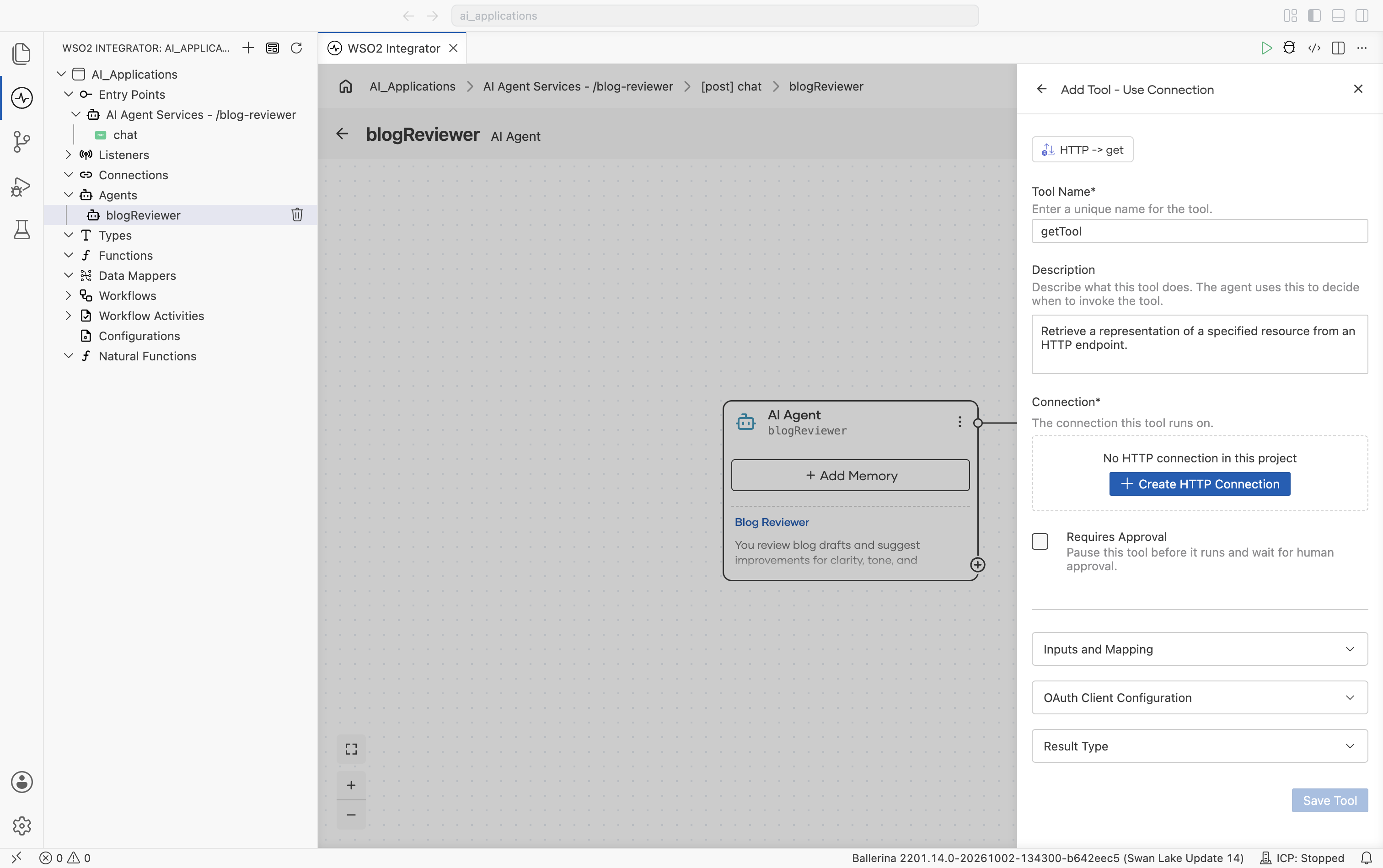 Tool configuration for the HTTP connector's Get operation. Fields: Tool Name (default getTool), Description (prefilled from the operation), Connection (required, with a + Create HTTP Connection action when none exists yet), a Requires Approval checkbox, and collapsed sections for Inputs and Mapping, OAuth Client Configuration, and Result Type.