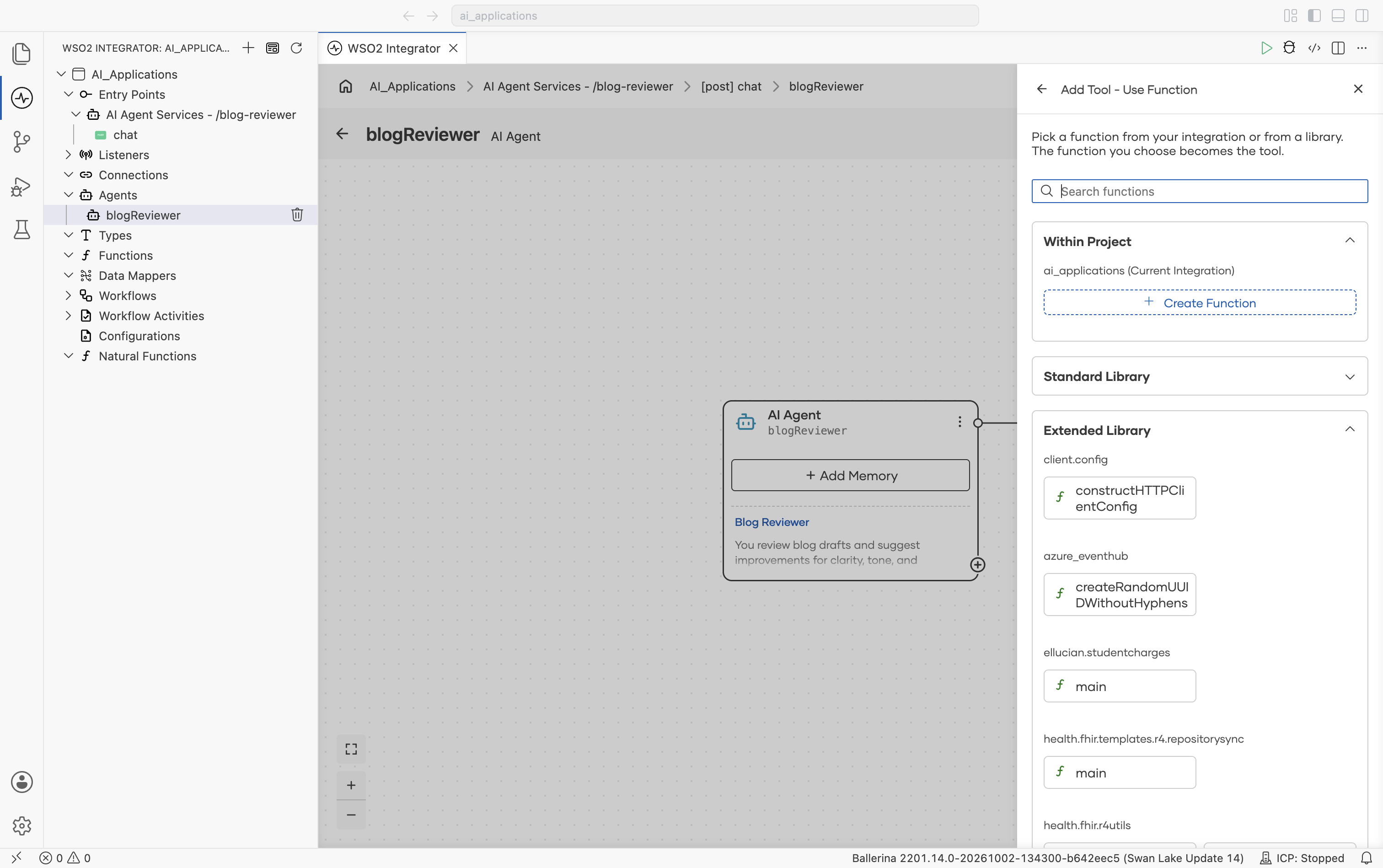 The Add Tool - Use Function panel with a Search functions box. Sections: Within Project, showing the current integration (ai_applications) and a + Create Function action, collapsed Standard Library, and Extended Library expanded showing functions grouped by module, such as client.config (constructHTTPClientConfig), azure_eventhub (createRandomUUIDWithoutHyphens), and others grouped by the connector module name.