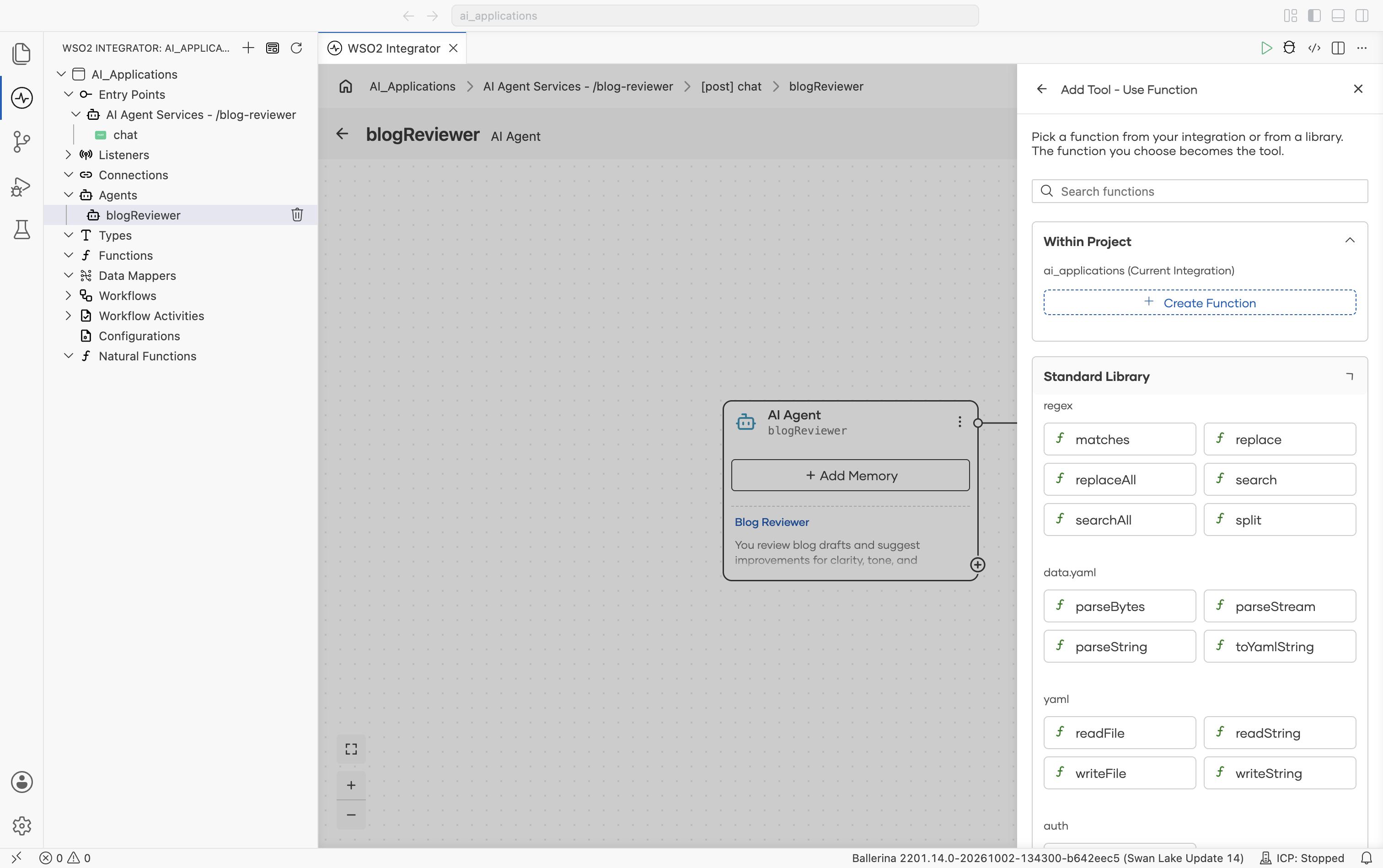 The Add Tool - Use Function panel with Standard Library expanded, showing modules regex, data.yaml, yaml, and auth, each listing their functions.
