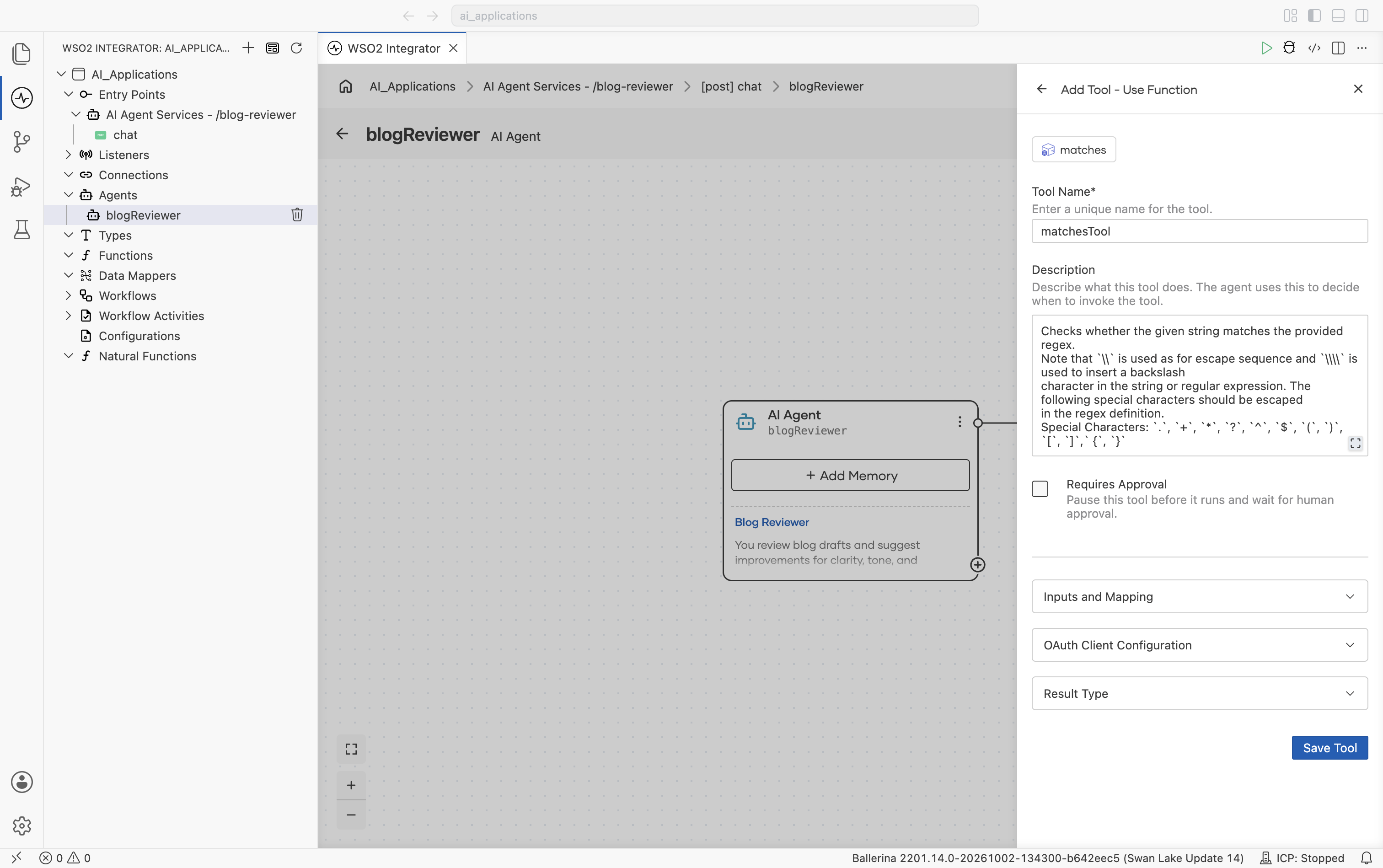 Tool configuration for the regex module's matches function. Fields: Tool Name (default matchesTool), Description (prefilled from the function's doc comment), a Requires Approval checkbox, and collapsed sections for Inputs and Mapping, OAuth Client Configuration, and Result Type. Save Tool button at the bottom.