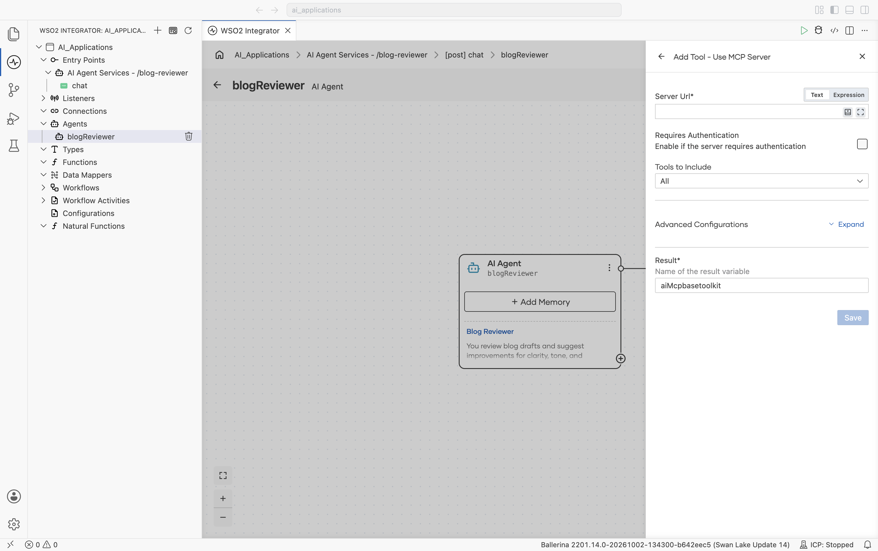 The Add Tool - Use MCP Server panel with Server Url, Requires Authentication, Tools to Include set to All, a collapsed Advanced Configurations section, and Result set to aiMcpbasetoolkit.