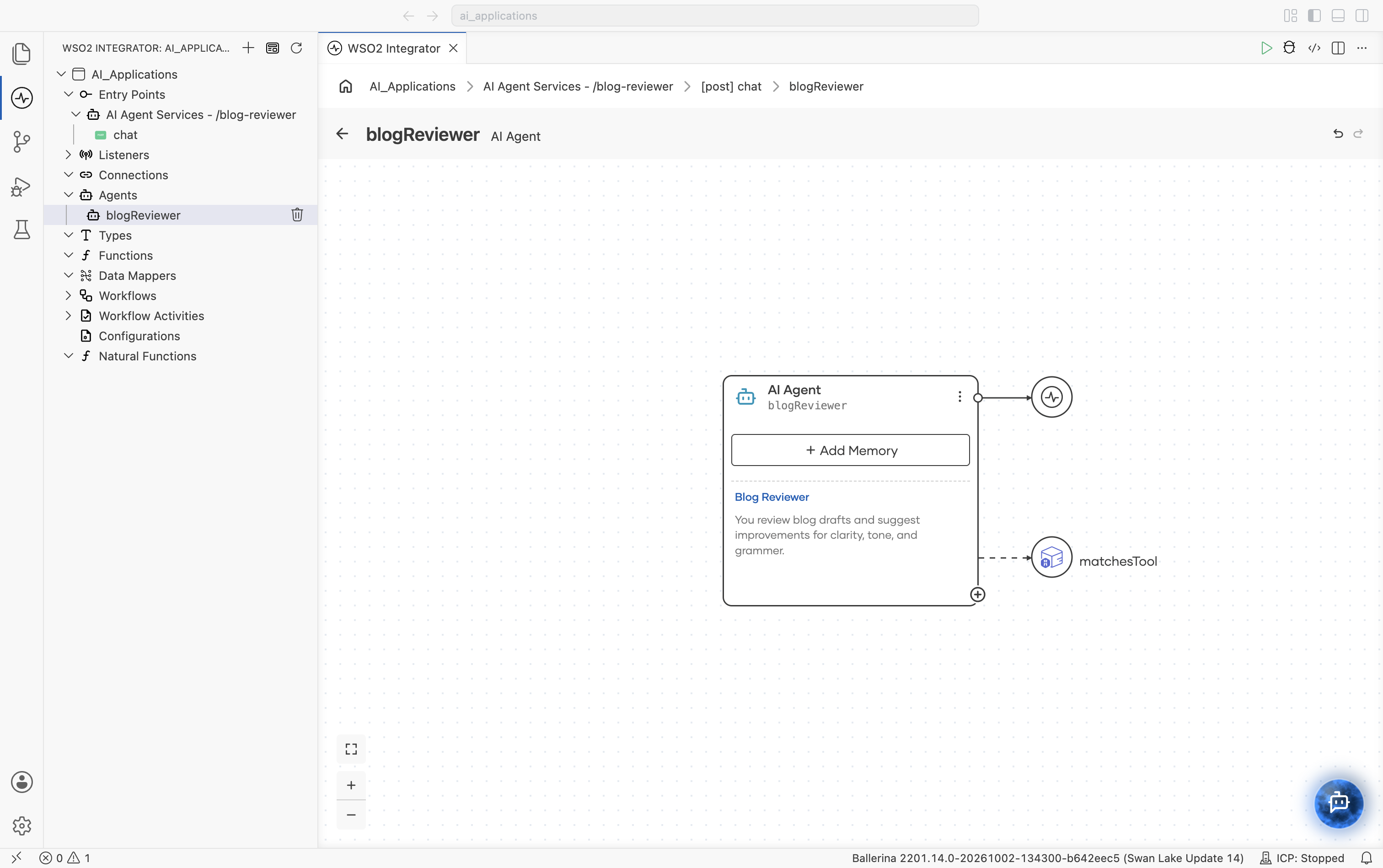 The blogReviewer AI Agent node with an attached matchesTool node, connected with a dashed line.
