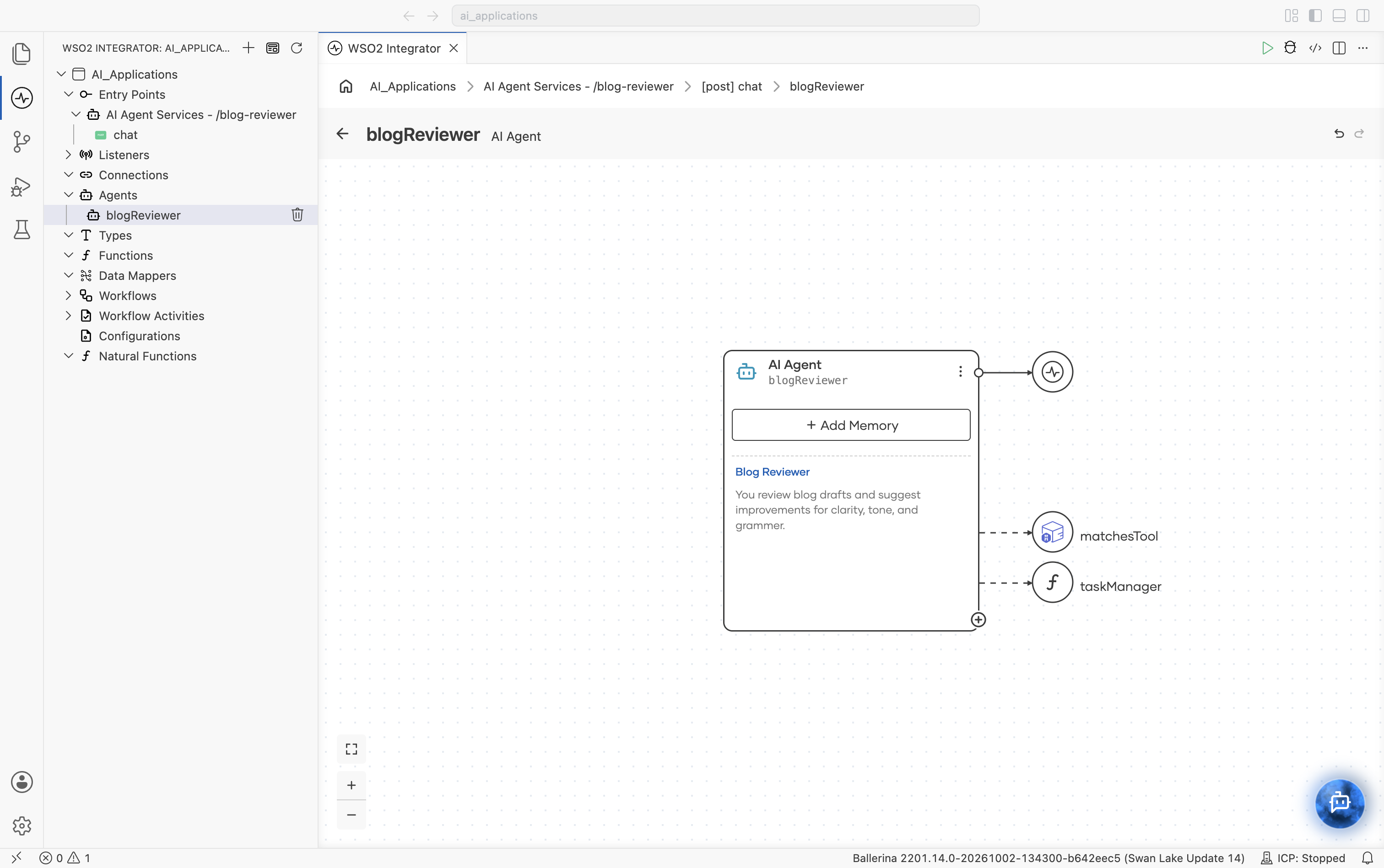 The blogReviewer AI Agent node with two attached tools: matchesTool and taskManager, the toolkit instance, each connected with a dashed line.
