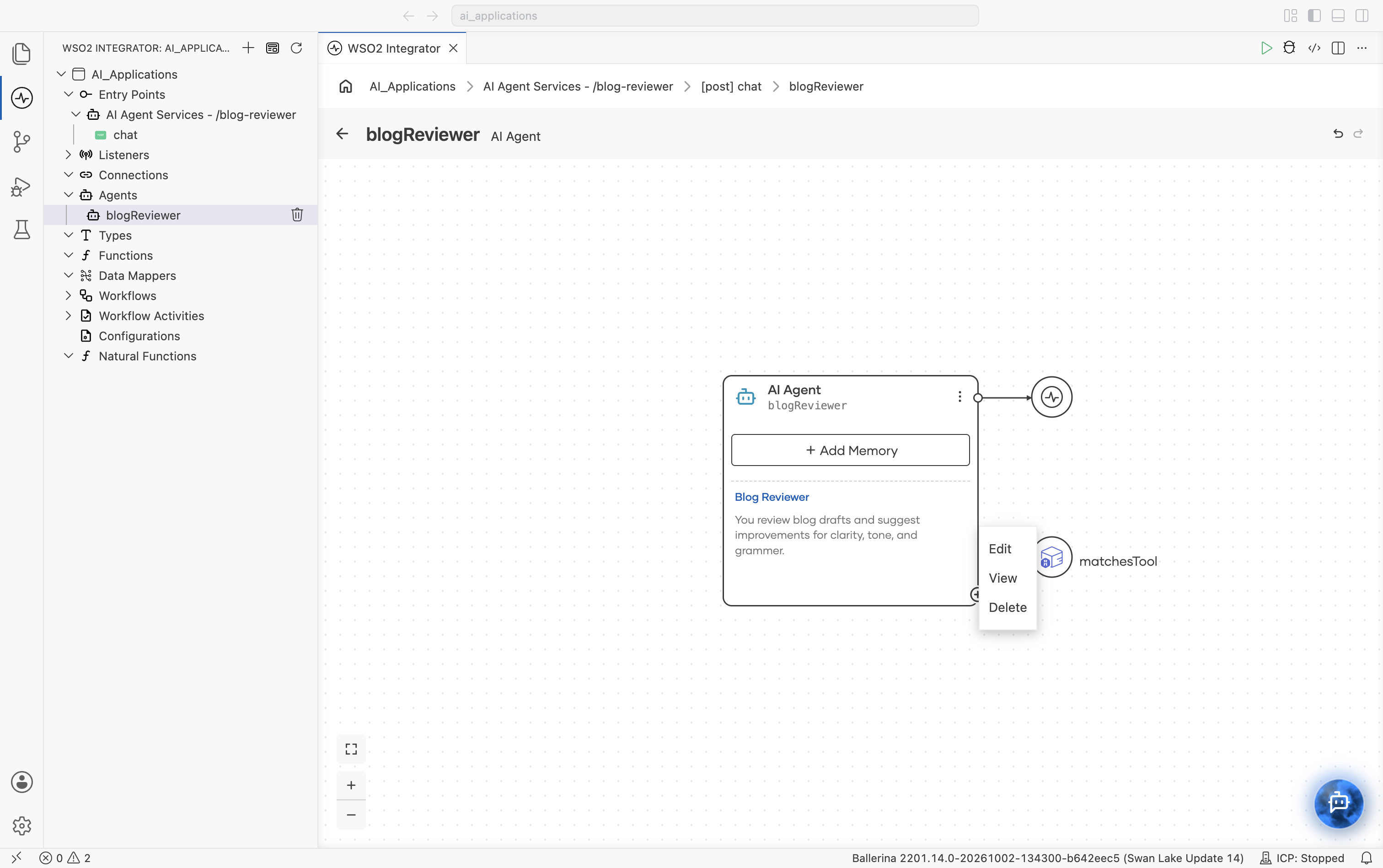 Right-click context menu on the matchesTool node, showing Edit, View, and Delete options.