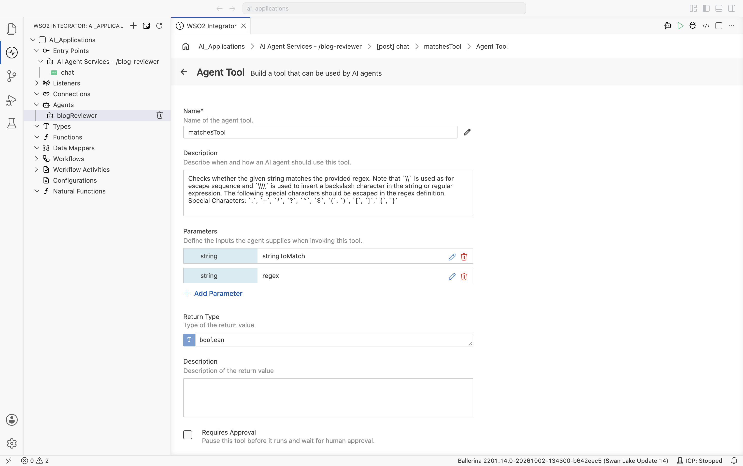 Configure tool for the matchesTool custom function. Fields: Name, Description, Parameters with their types and + Add Parameter, Return Type, Description (return), a Requires Approval checkbox, and a collapsed Advanced Configurations section. Cancel and Save buttons at the bottom.