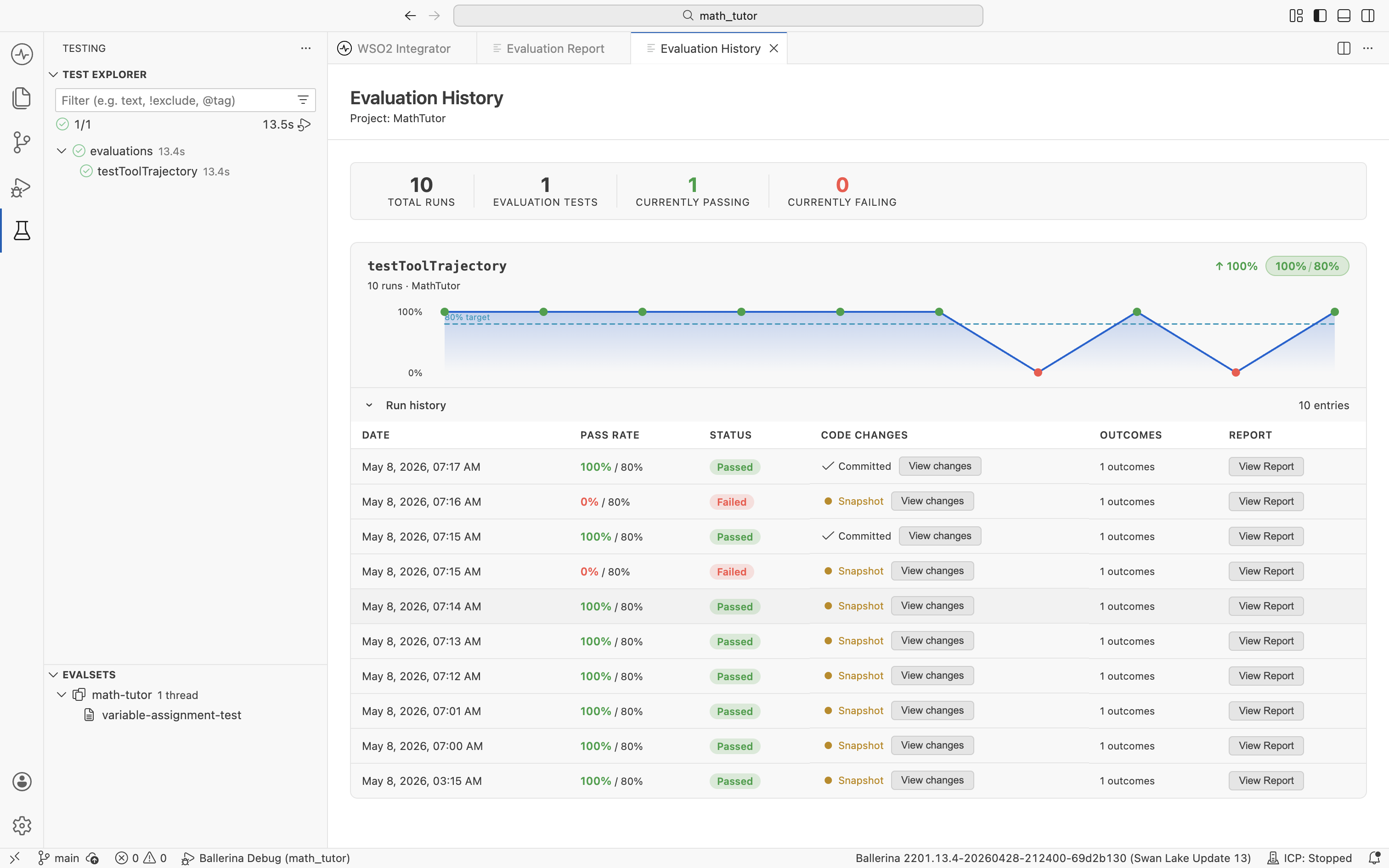 Evaluation History view with summary counters, a pass-rate trend chart for testToolTrajectory, and a Run History table with status, code changes, and report links.