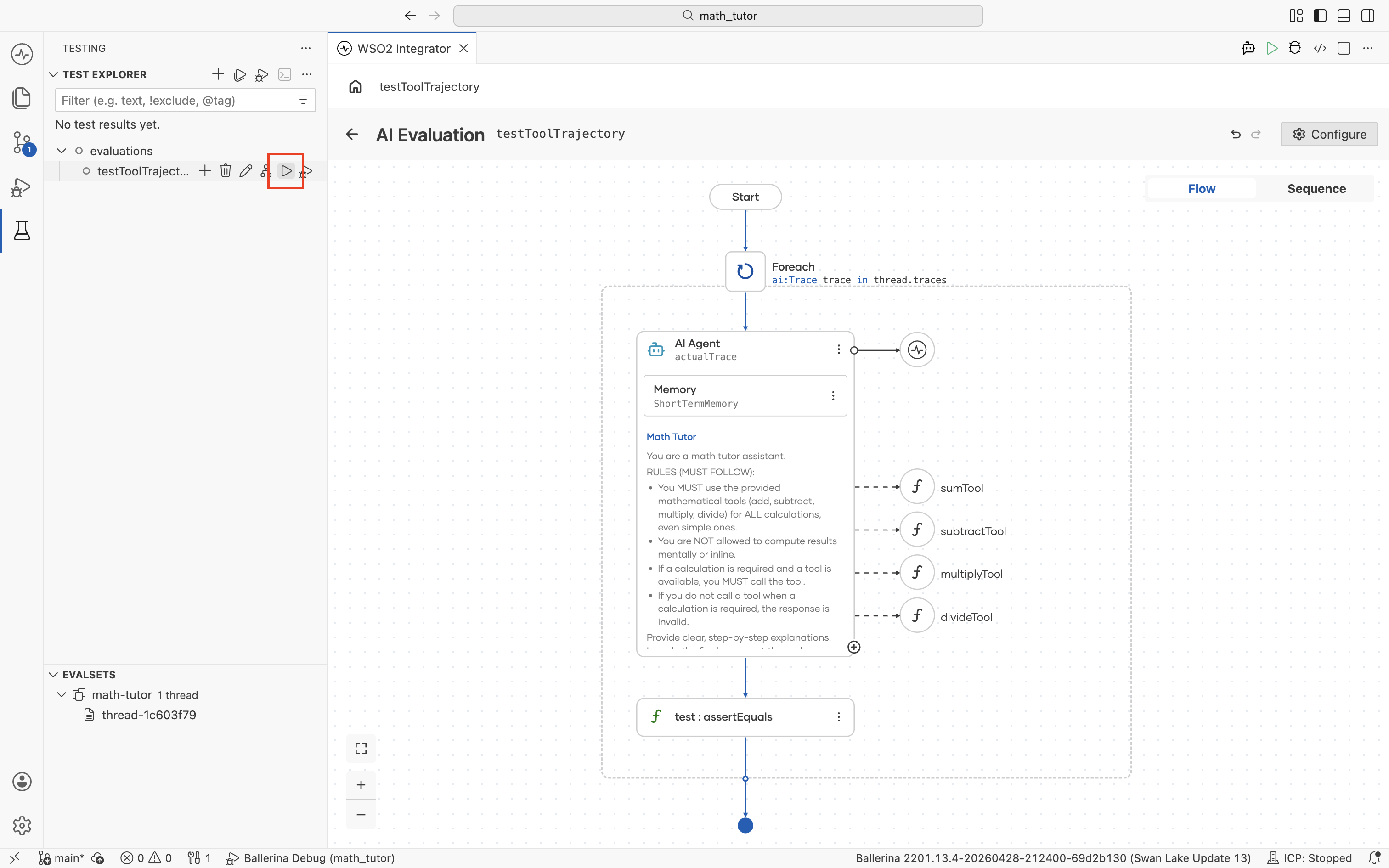 Test Explorer with the run icon highlighted next to the testToolTrajectory evaluation, with the evaluation flow visible on the canvas.