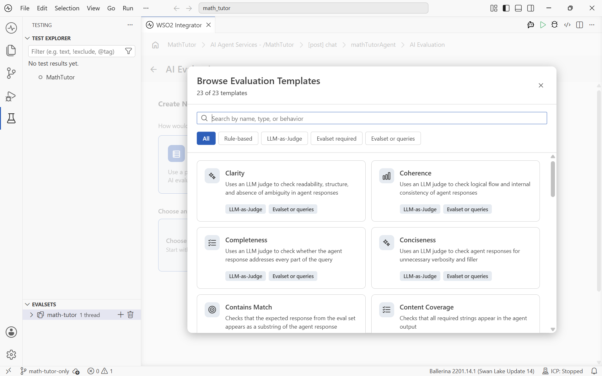 Browse Evaluation Templates dialog showing 23 templates with a search box, filter buttons for All, Rule-based, LLM-as-Judge, Evalset required, and Evalset or queries, and template cards such as Clarity, Coherence, and Contains Match.