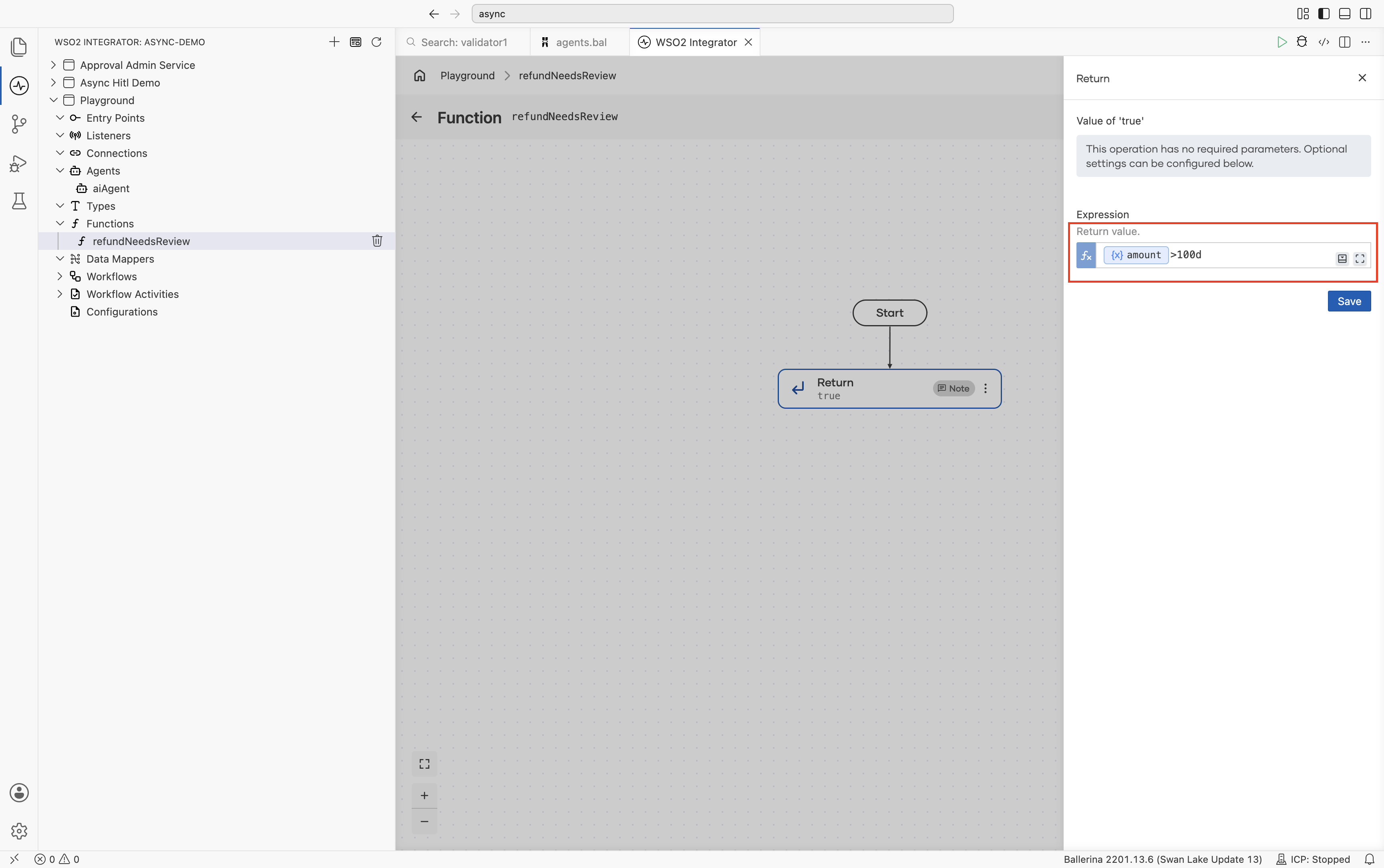 refundNeedsReview's Return step selected, with the right panel showing the expression changed to amount > 100d