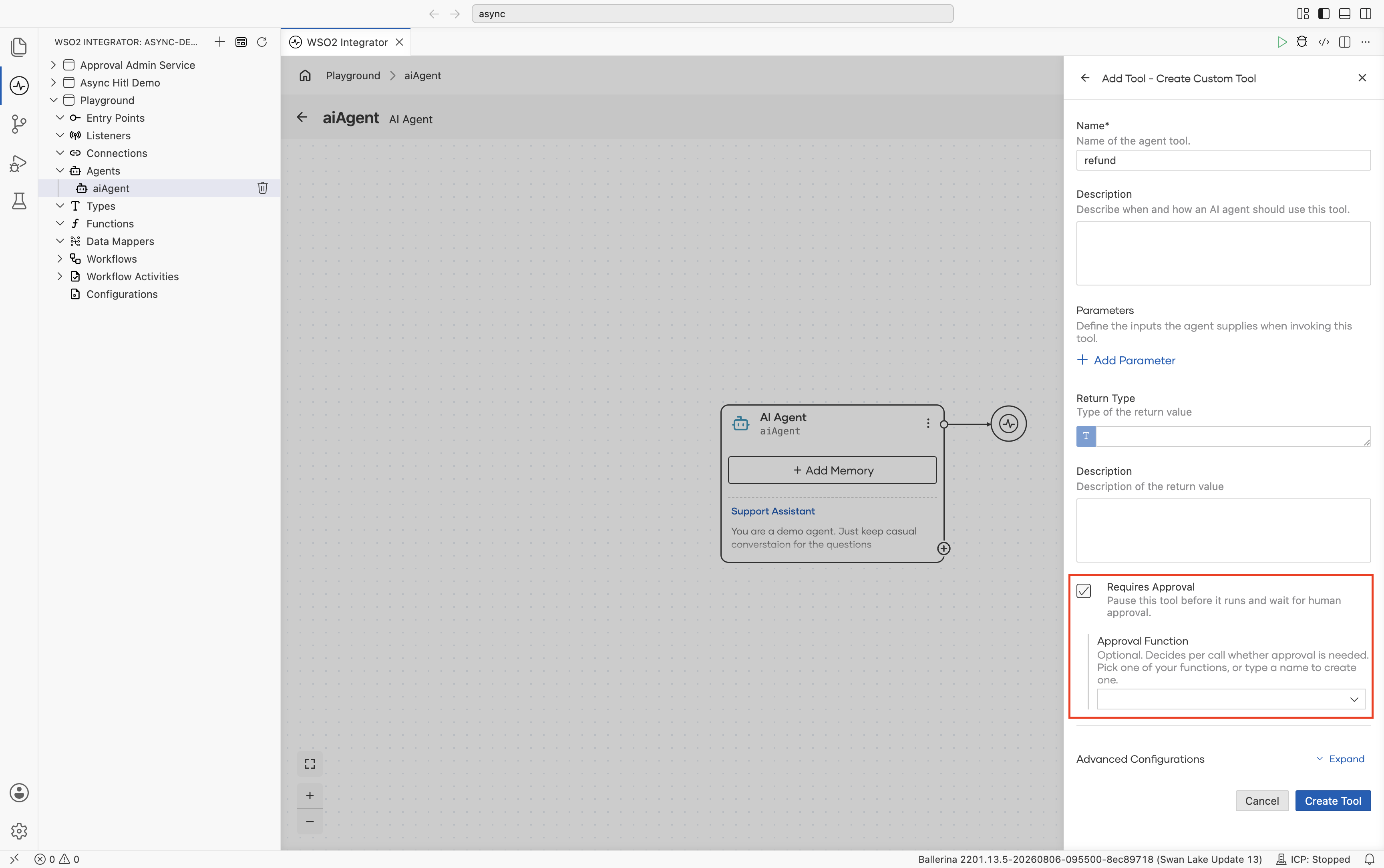 Tool configuration panel with Requires Approval ticked and Approval Function empty