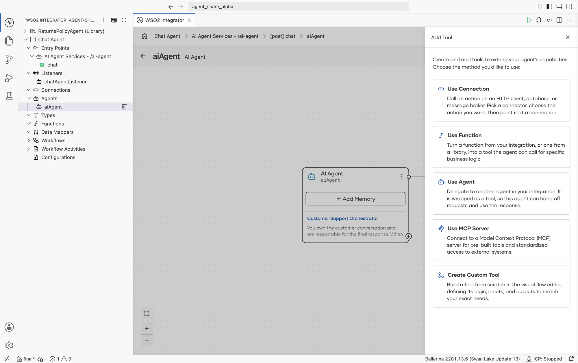 The Add Tool panel listing Use Connection, Use Function, Use Agent, Use MCP Server, and Create Custom Tool.