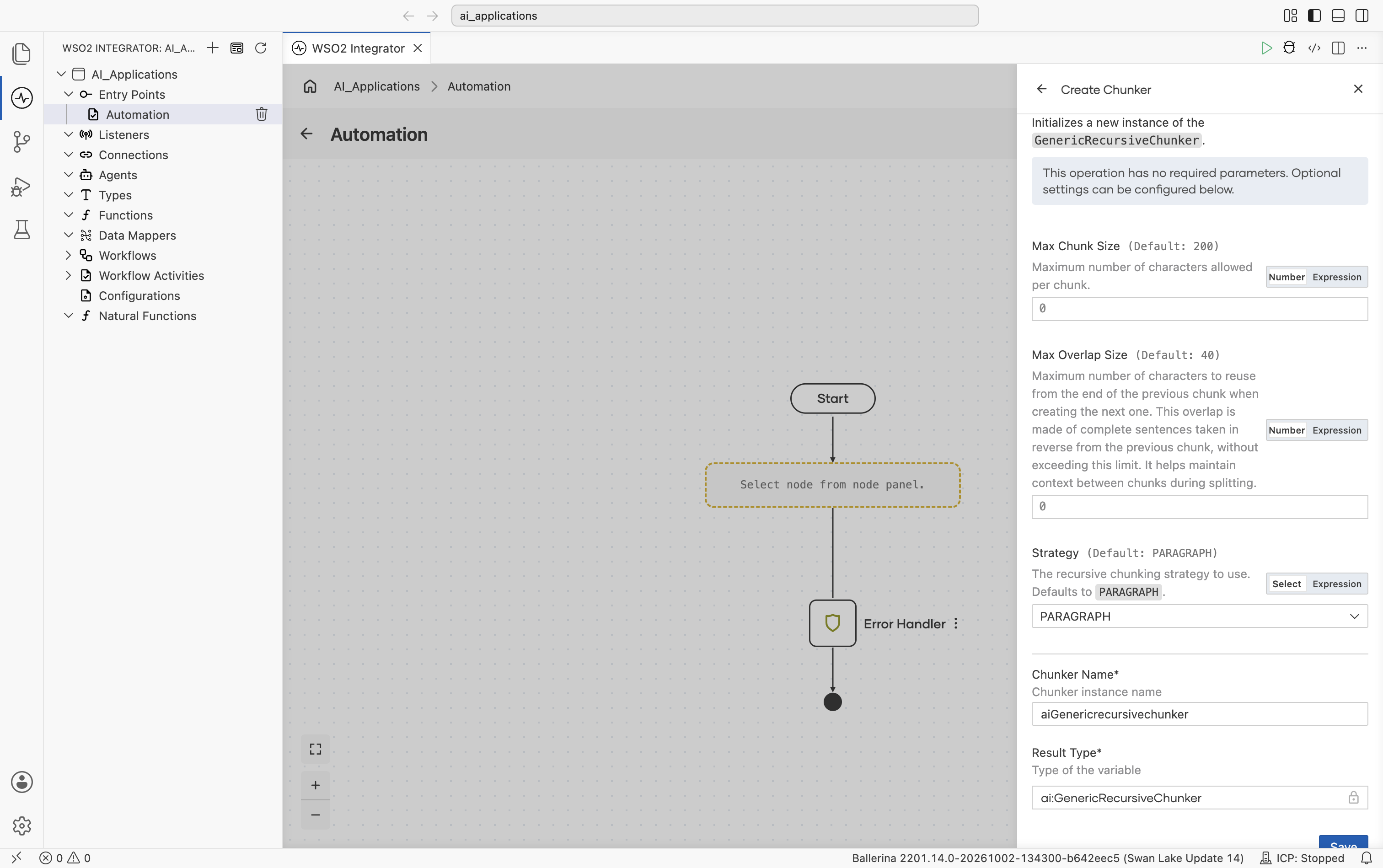 Create Chunker form for Generic Recursive. Header reads 'Initializes a new instance of the GenericRecursiveChunker.' Banner: 'This operation has no required parameters. Optional settings can be configured below.' Fields: Max Chunk Size (default 200), Max Overlap Size (default 40), Strategy (default PARAGRAPH), Chunker Name (default aiGenericrecursivechunker), Result Type (locked to ai:GenericRecursiveChunker). Save button.