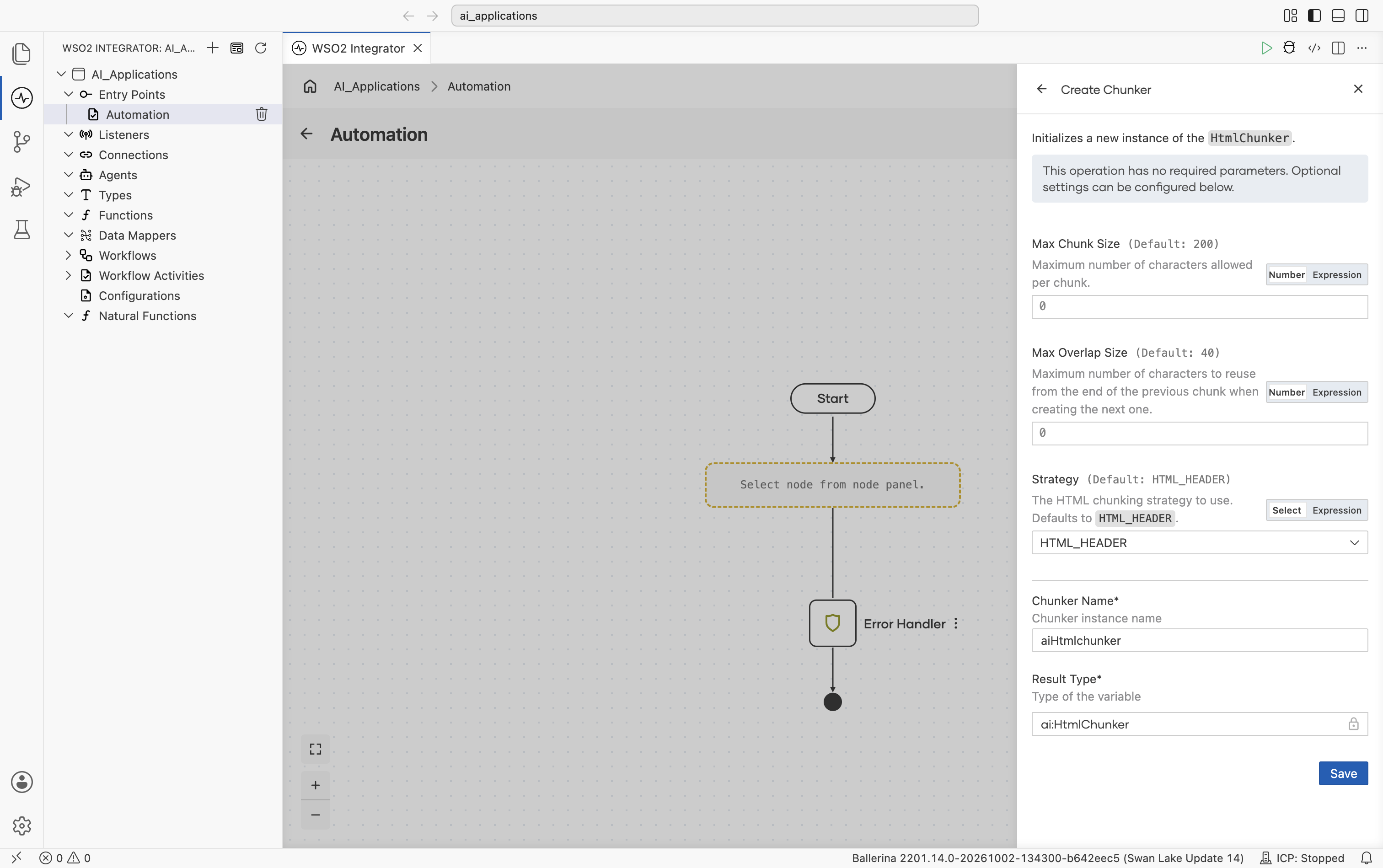 Create Chunker form for HTML. Header reads 'Initializes a new instance of the HtmlChunker.' Banner: 'This operation has no required parameters. Optional settings can be configured below.' Fields: Max Chunk Size (default 200), Max Overlap Size (default 40), Strategy (default HTML_HEADER), Chunker Name (default aiHtmlchunker), Result Type (locked to ai:HtmlChunker). Save button.
