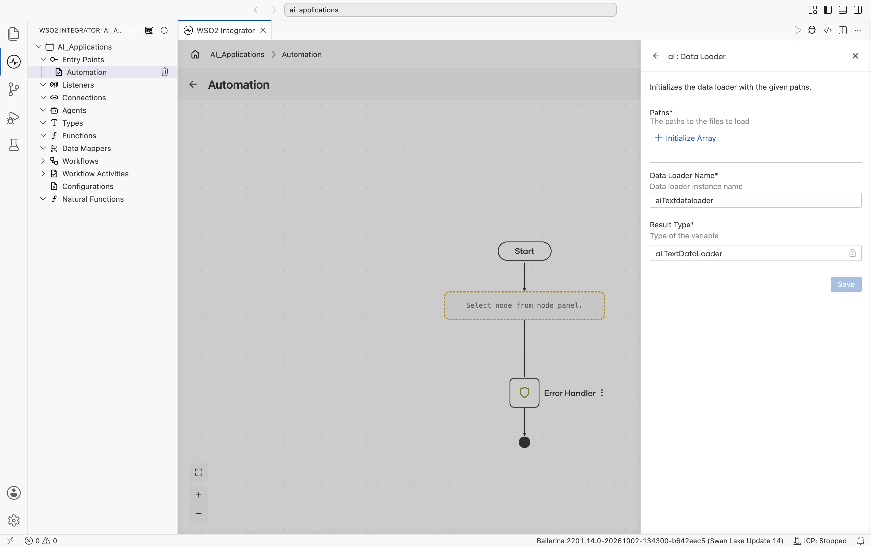 ai Data Loader create form titled 'Initializes the data loader with the given paths' showing Paths (the paths to the files to load), Data Loader Name (default aiTextdataloader), and Result Type (ai:TextDataLoader).