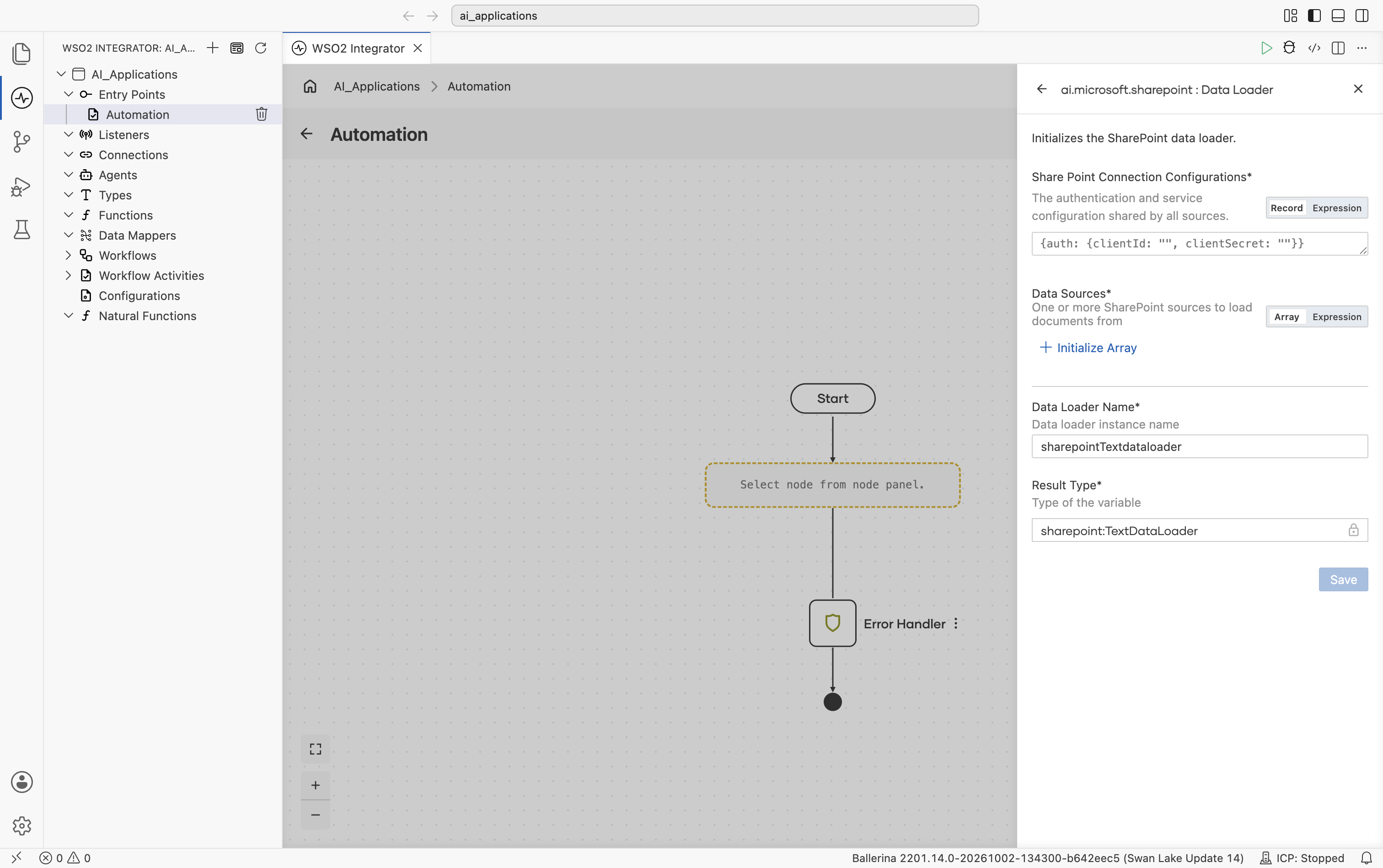 ai.microsoft.sharepoint Data Loader create form titled 'Initializes the SharePoint data loader' showing Share Point Connection Configurations (a Record, default {auth: {clientId: "", clientSecret: ""}}), Data Sources (an Array), Data Loader Name (default sharepointTextdataloader), and Result Type (sharepoint:TextDataLoader).