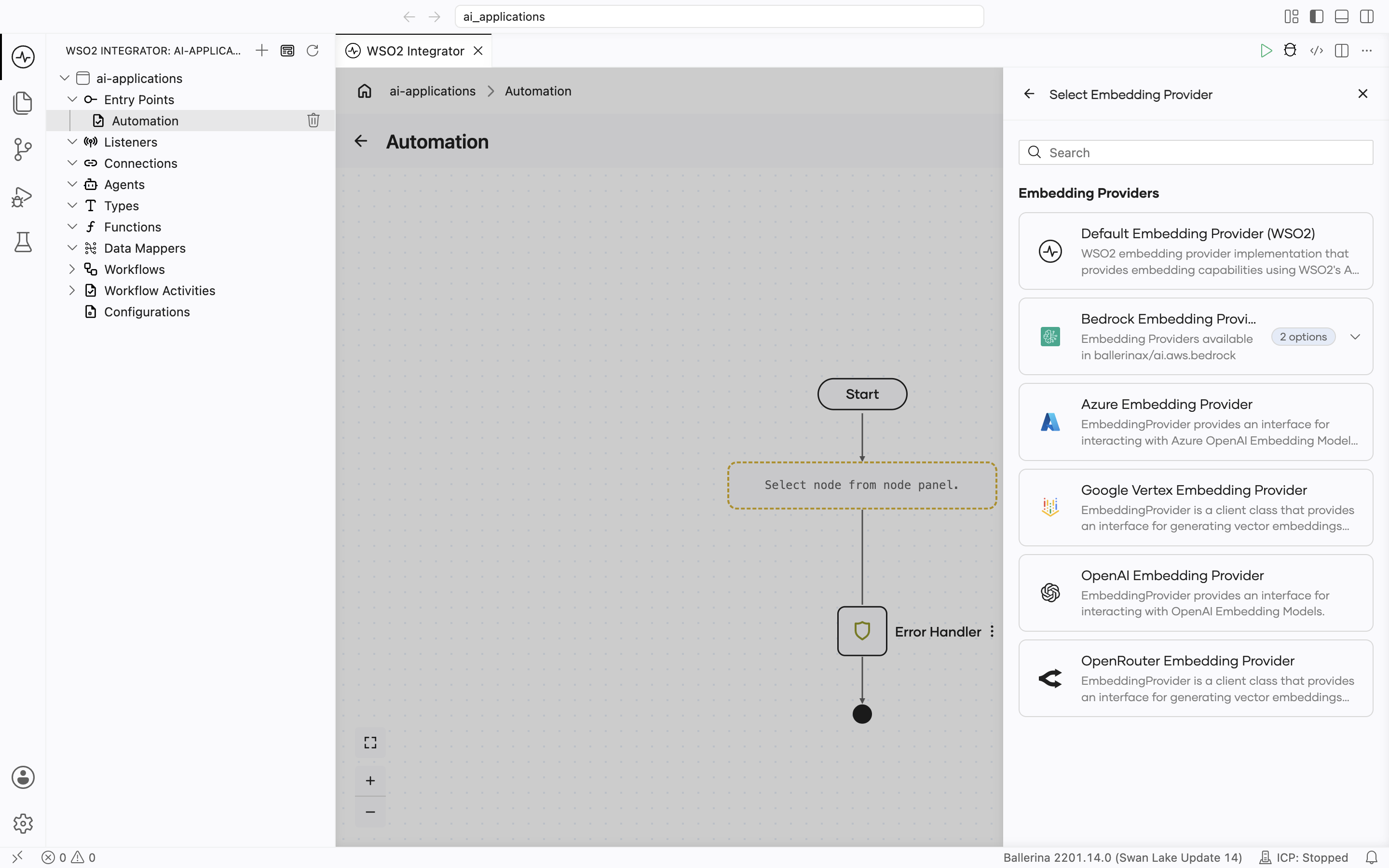 Select Embedding Provider picker with a search bar and six cards: Default Embedding Provider (WSO2), the Bedrock Embedding Providers group (2 options, available in ballerinax/ai.aws.bedrock), Azure Embedding Provider, Google Vertex Embedding Provider, OpenAI Embedding Provider, and OpenRouter Embedding Provider, each with a one-line description.