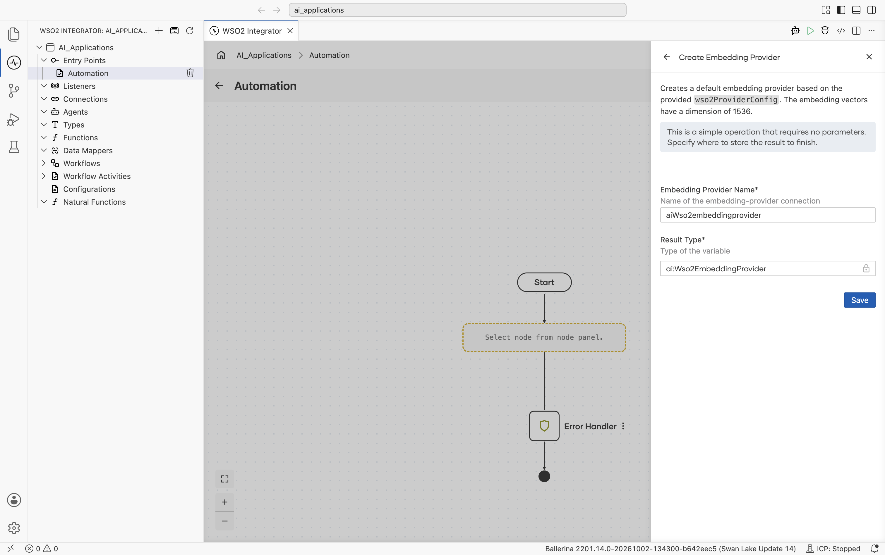 Create Embedding Provider form for the Default WSO2 provider. Header reads 'Creates a default embedding provider based on the provided wso2ProviderConfig. The embedding vectors have a dimension of 1536.' Banner: 'This is a simple operation that requires no parameters. Specify where to store the result to finish.' Two fields: Embedding Provider Name (default aiWso2embeddingprovider) and Result Type (locked to ai:Wso2EmbeddingProvider). Save button.