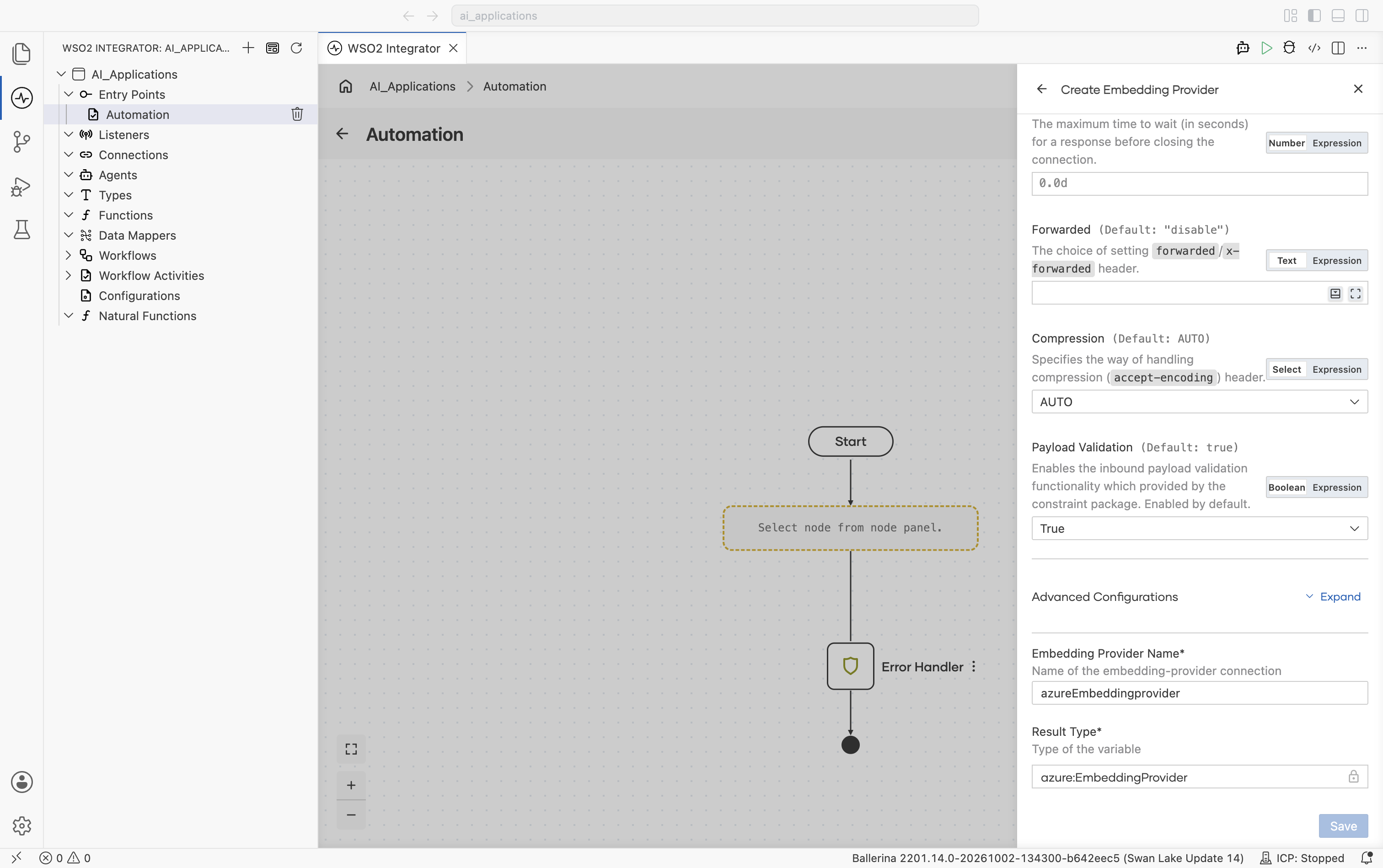 Bottom of the Azure OpenAI Create Embedding Provider form showing the end of Timeout, then Forwarded, Compression, Payload Validation, the collapsed Advanced Configurations toggle, Embedding Provider Name set to azureEmbeddingprovider, Result Type locked to azure:EmbeddingProvider, and the Save button.