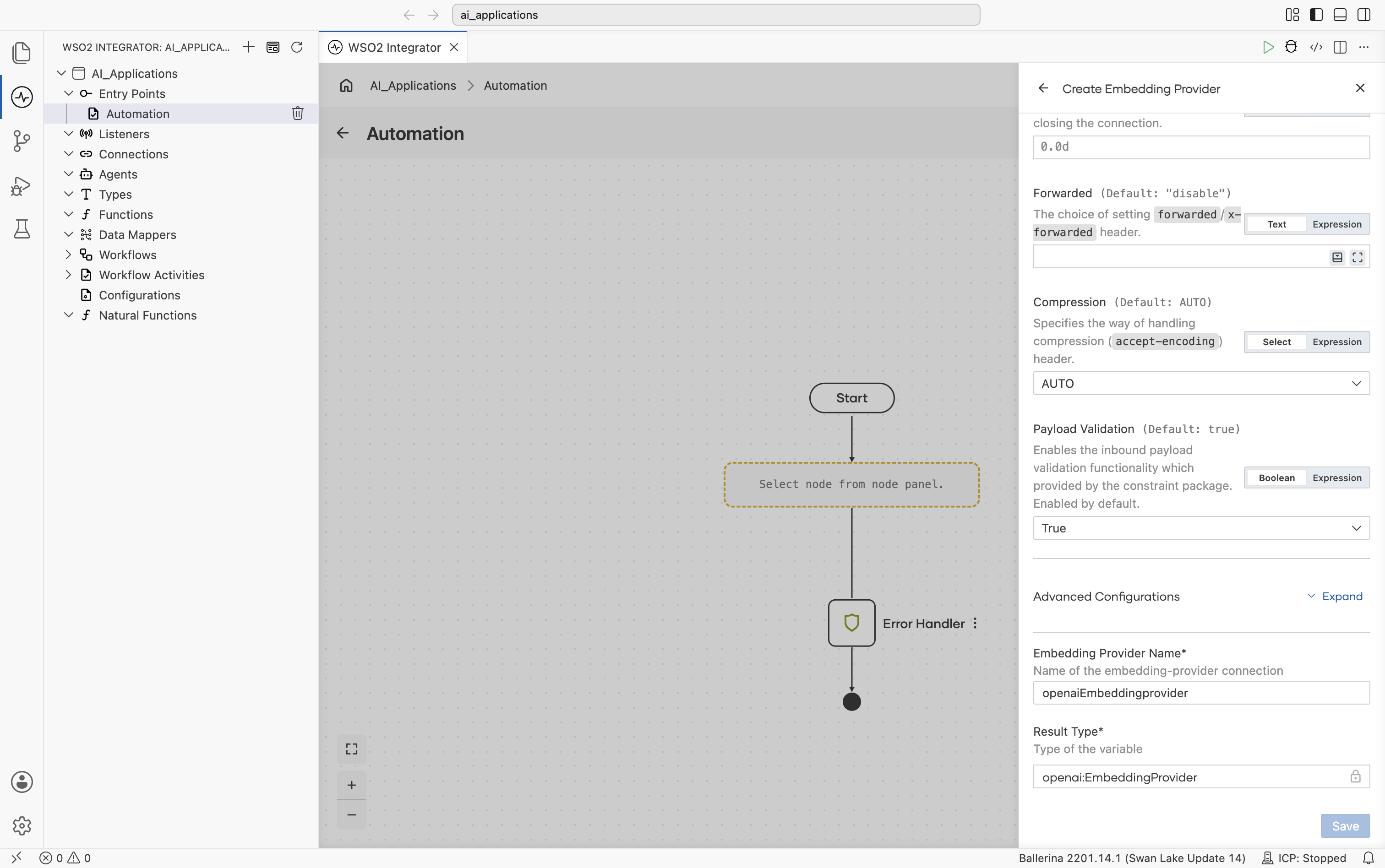 Bottom of the OpenAI Create Embedding Provider form showing the end of Timeout, then Forwarded (default disable), Compression (default AUTO), Payload Validation (default true), the collapsed Advanced Configurations toggle, Embedding Provider Name set to openaiEmbeddingprovider, Result Type locked to openai:EmbeddingProvider, and the Save button.