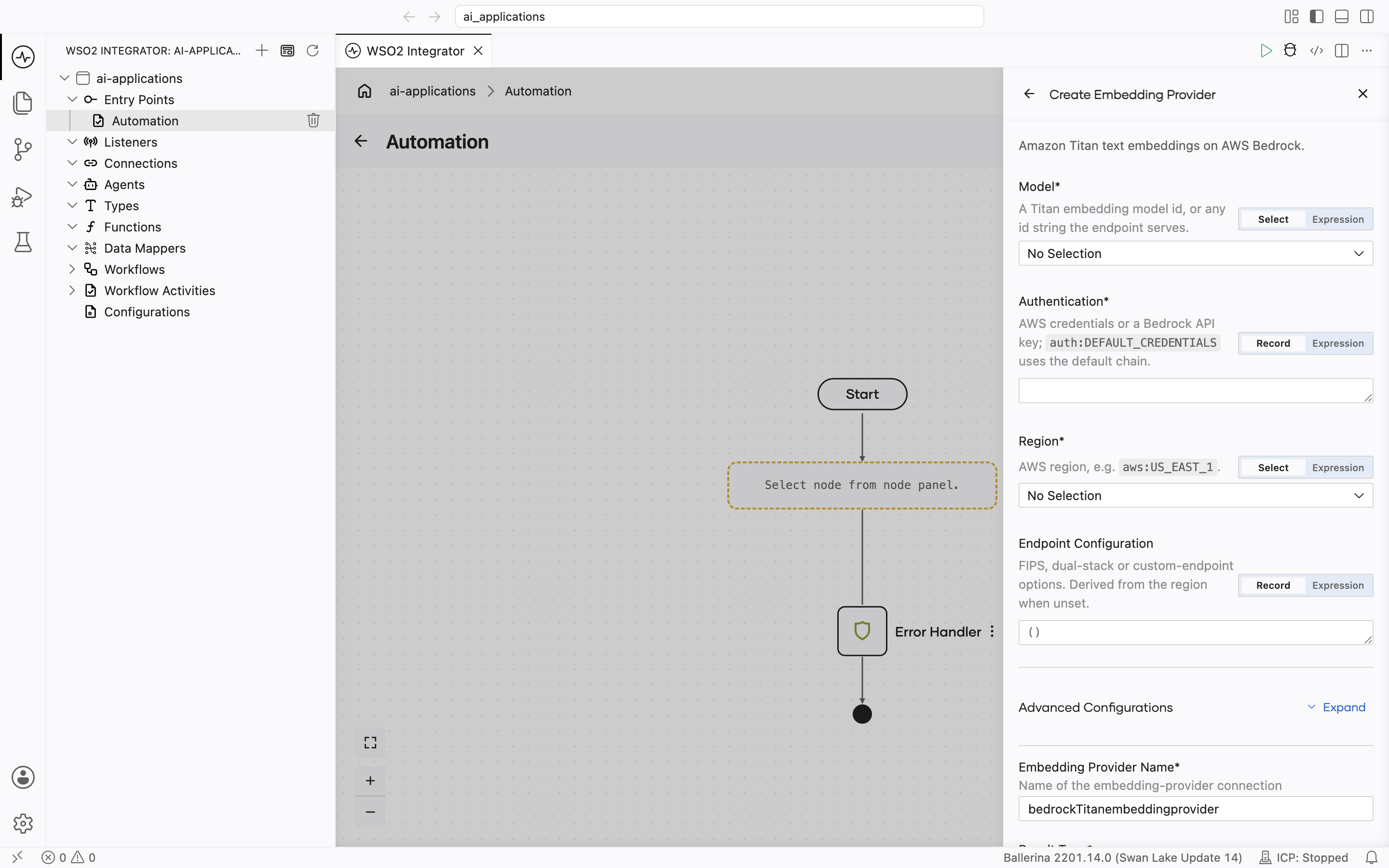 Create Embedding Provider form for the Bedrock Titan Embedding Provider, headed 'Amazon Titan text embeddings on AWS Bedrock.', showing three required fields: Model (select/expression toggle), Authentication (record/expression toggle, with hint 'AWS credentials or a Bedrock API key; auth:DEFAULT_CREDENTIALS uses the default chain'), and Region (select/expression toggle), then the optional Endpoint Configuration. Below: Advanced Configurations Expand link and Embedding Provider Name bedrockTitanembeddingprovider.