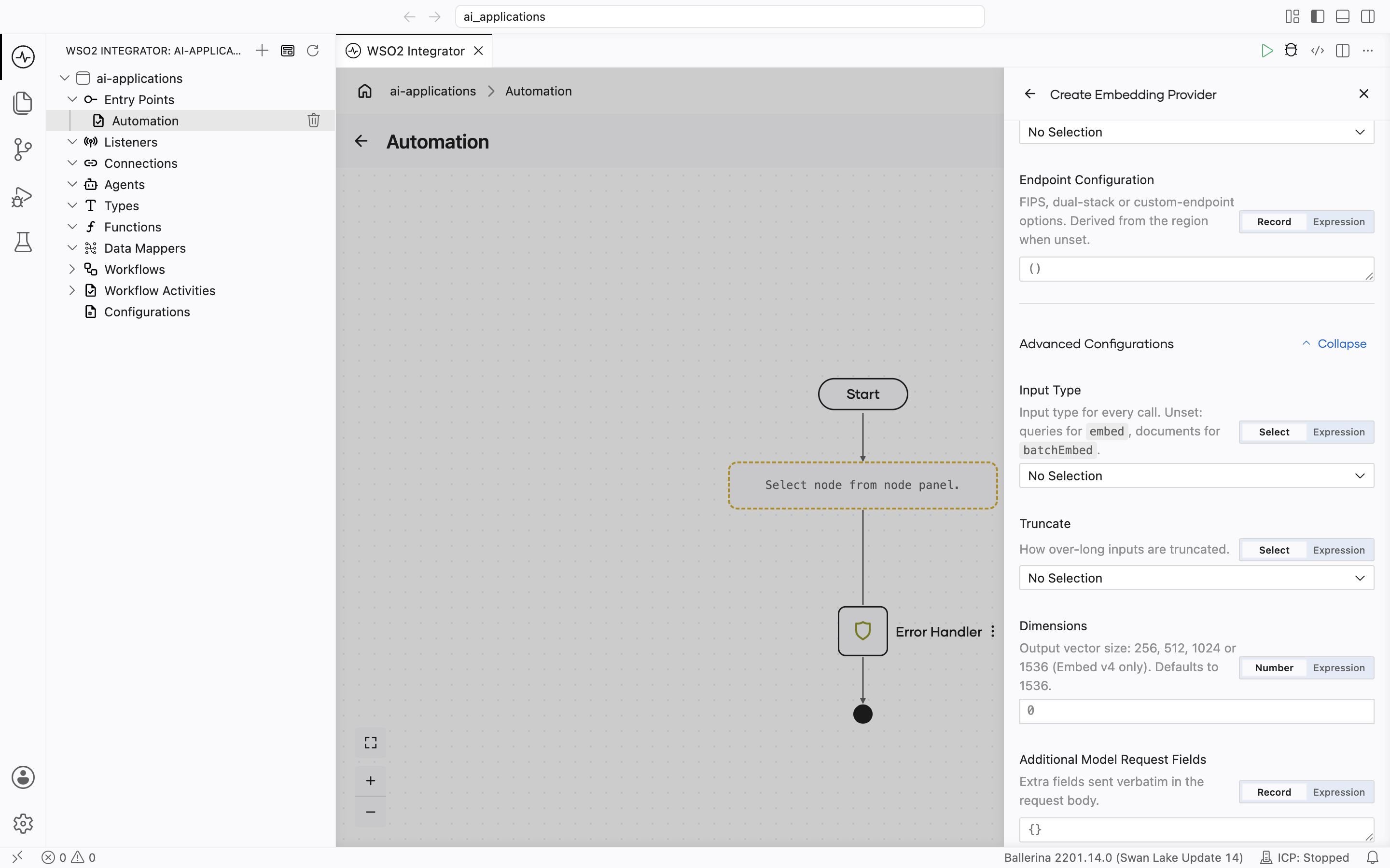 Bedrock Cohere Create Embedding Provider form scrolled to Endpoint Configuration, then Advanced Configurations expanded showing Input Type (No Selection, with hint 'Input type for every call. Unset: queries for embed, documents for batchEmbed.'), Truncate, Dimensions (hint '256, 512, 1024 or 1536 (Embed v4 only). Defaults to 1536.'), and Additional Model Request Fields.