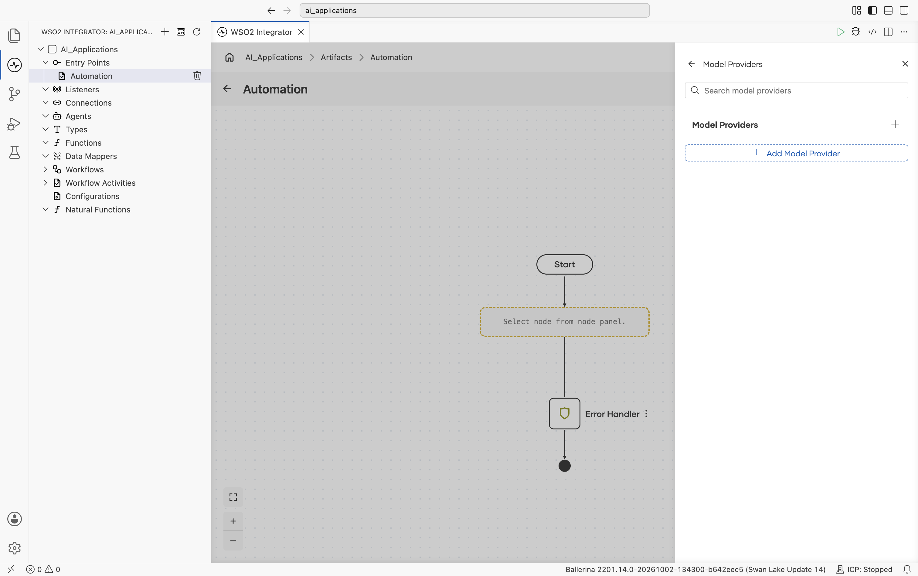 Right-side Model Providers panel showing the search bar and a + Add Model Provider button at the top of an empty list.