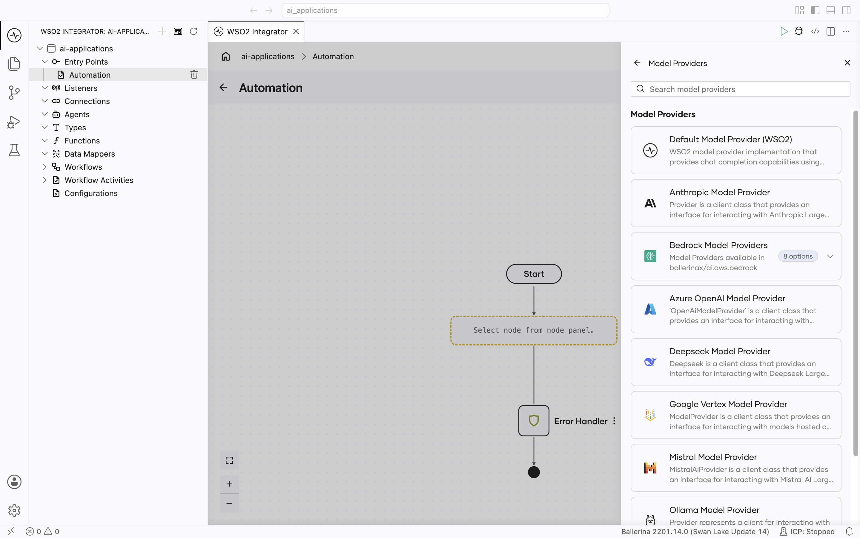 Select Model Provider picker listing Default Model Provider (WSO2), Anthropic Model Provider, Bedrock Model Providers (a group marked 8 options, available in ballerinax/ai.aws.bedrock), Azure OpenAI, Deepseek, Google Vertex, Mistral, and Ollama Model Provider, with one-line descriptions for each.