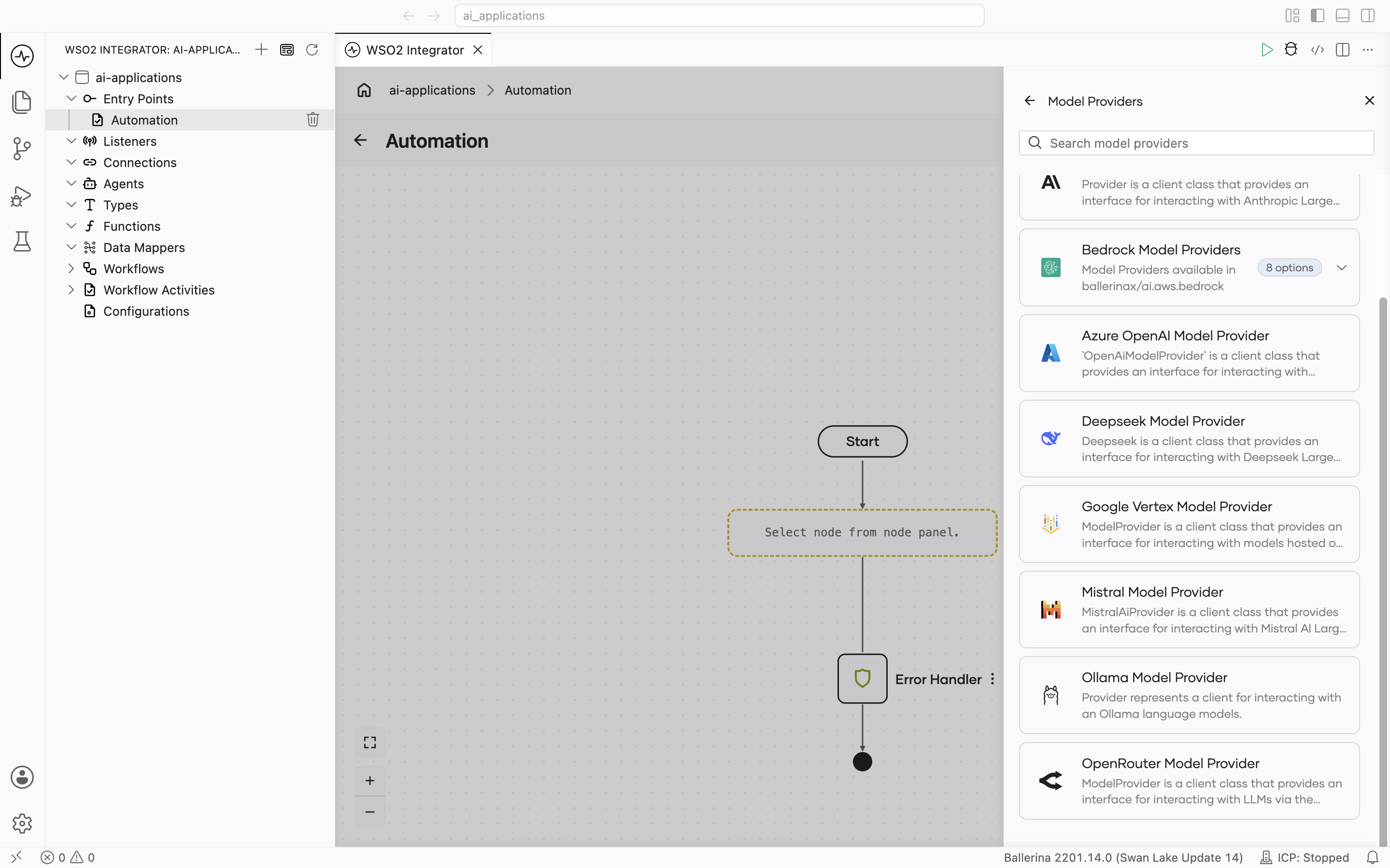 Select Model Provider picker scrolled to show Bedrock Model Providers (8 options), Azure OpenAI, Deepseek, Google Vertex, Mistral, Ollama, and OpenRouter Model Provider entries.