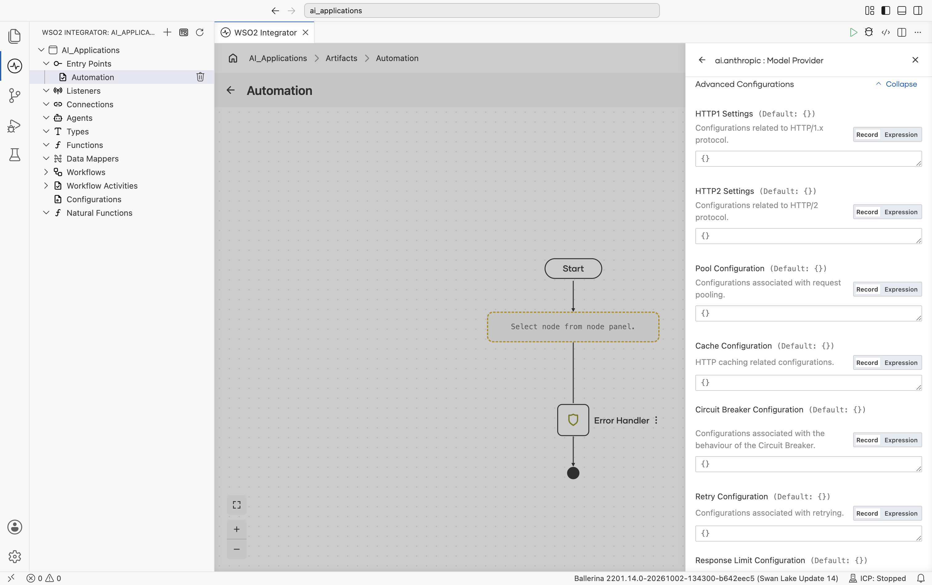 Advanced Configurations expanded (shown here for Anthropic; every other provider's panel shows the exact same fields) with HTTP1 Settings, HTTP2 Settings, Pool Configuration, Cache Configuration, Circuit Breaker Configuration, and the start of Retry Configuration, each defaulting to {}.