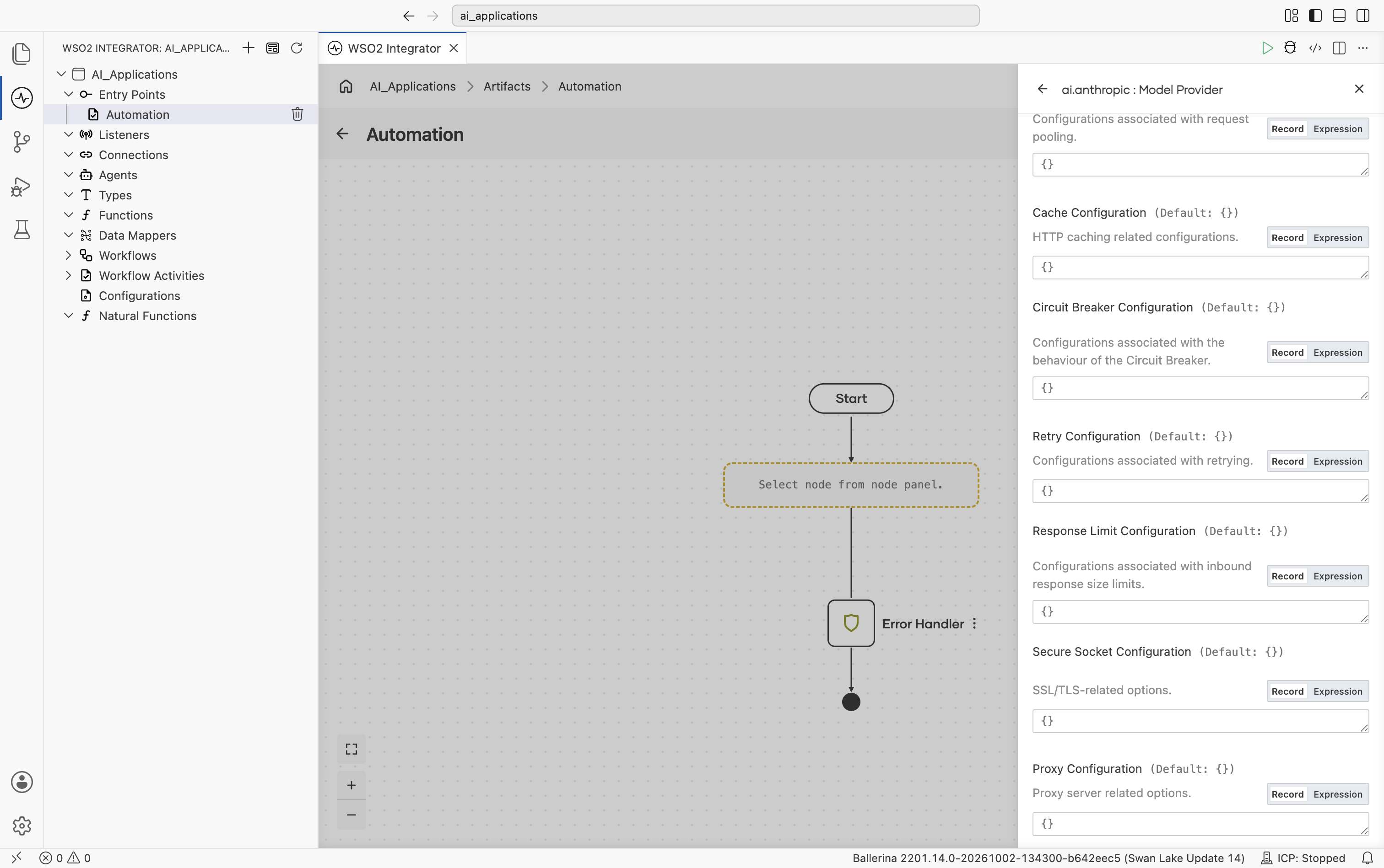 Bottom of the expanded Advanced Configurations section (shown here for Anthropic) showing Retry Configuration, Response Limit Configuration, Secure Socket Configuration, and Proxy Configuration, each defaulting to {} or ().